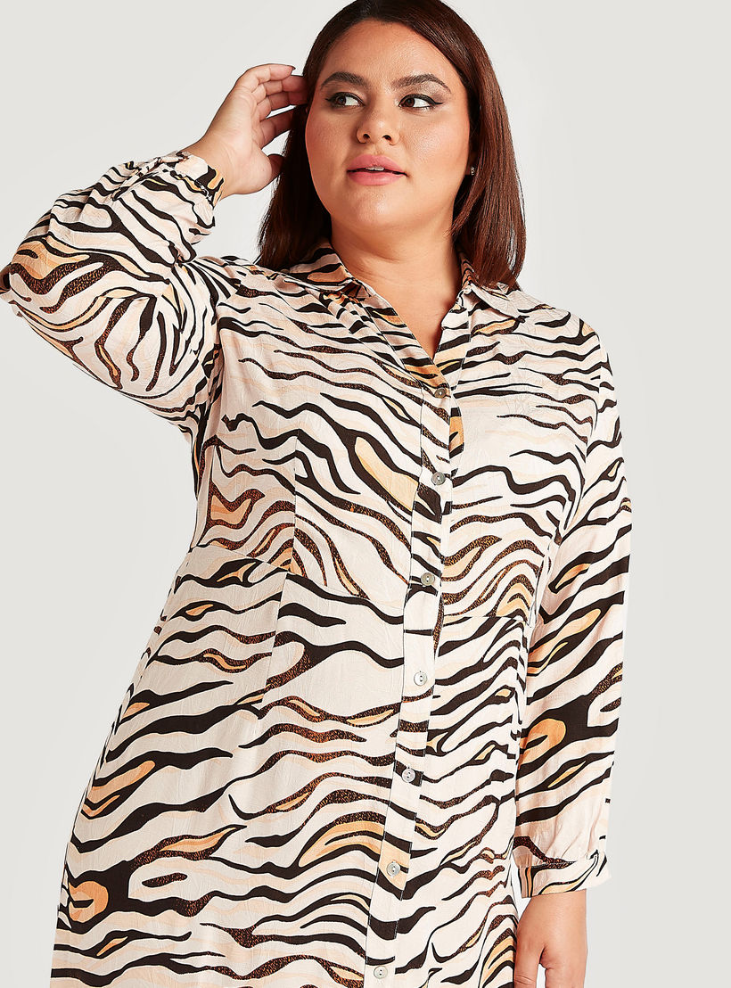 Animal Print Button Up A-line Shirt Dress with Long Sleeves-women-clothing-dresses-image-3