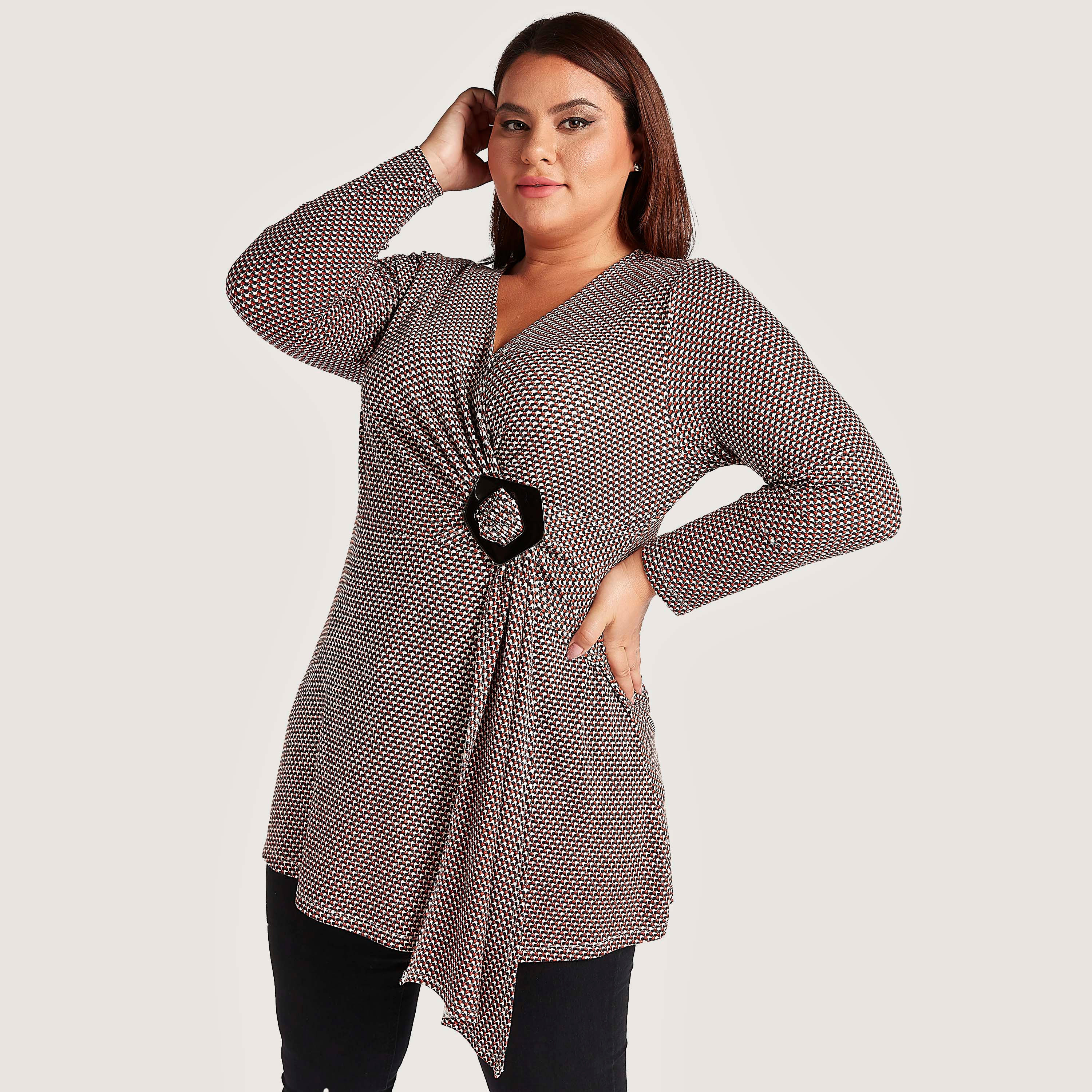 بلوزة بياقة v وطبعات وأكمام طويلة وتفاصيل عقدة-women-clothing-shirtsandblouses-blouses-image-1
