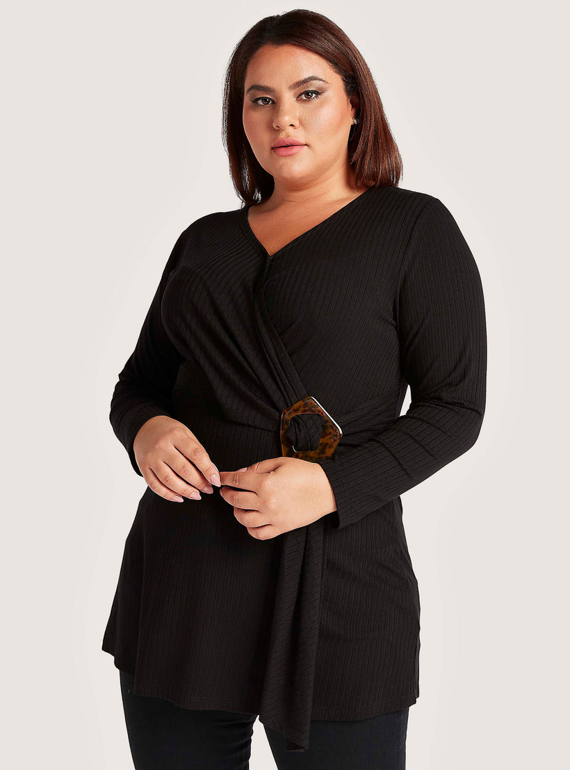 بلوزة بارزة الملمس بياقة V وأكمام طويلة-women-clothing-tshirts-image-1