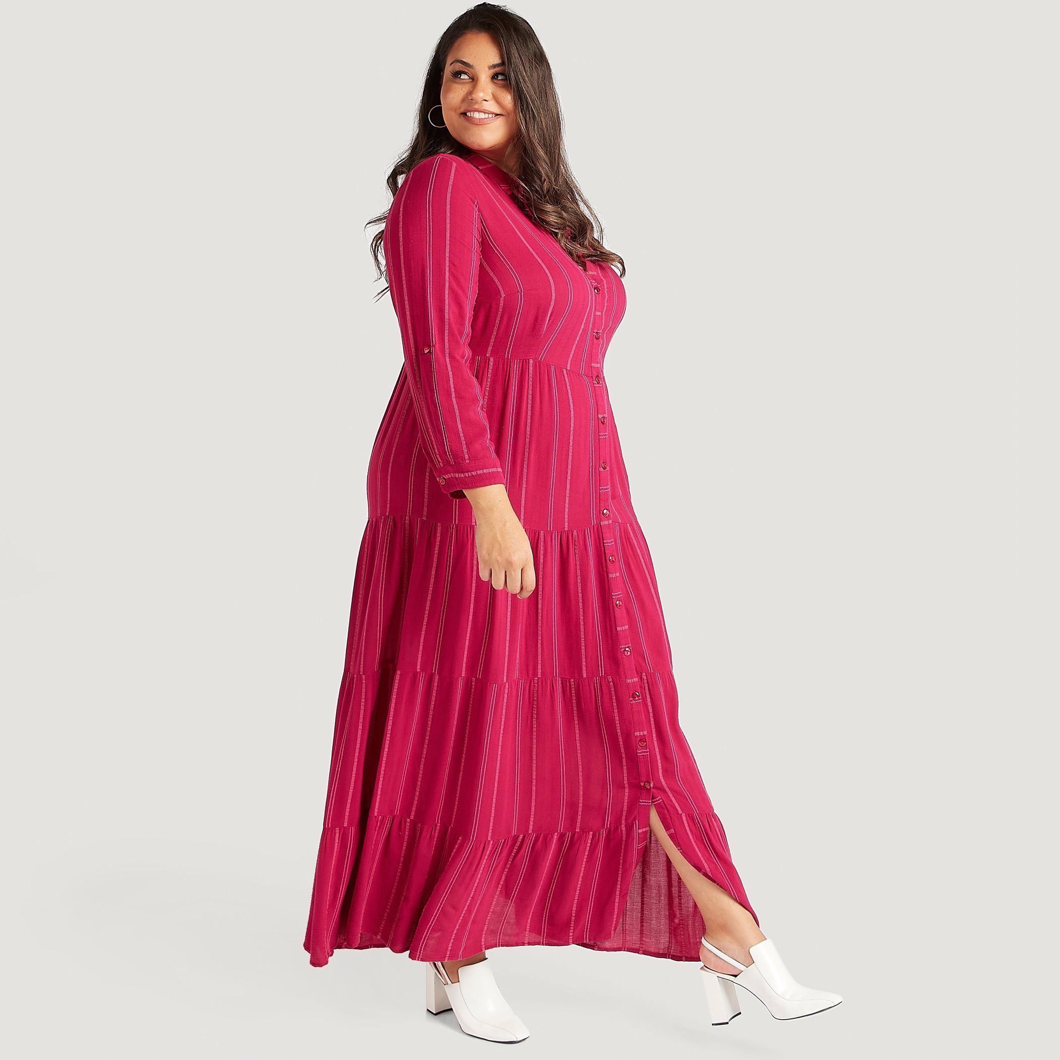 فستان إيه لاين طويل بارز الملمس ومخطّط بأكمام طويلة وياقة عادية-women-clothing-dresses-image-1