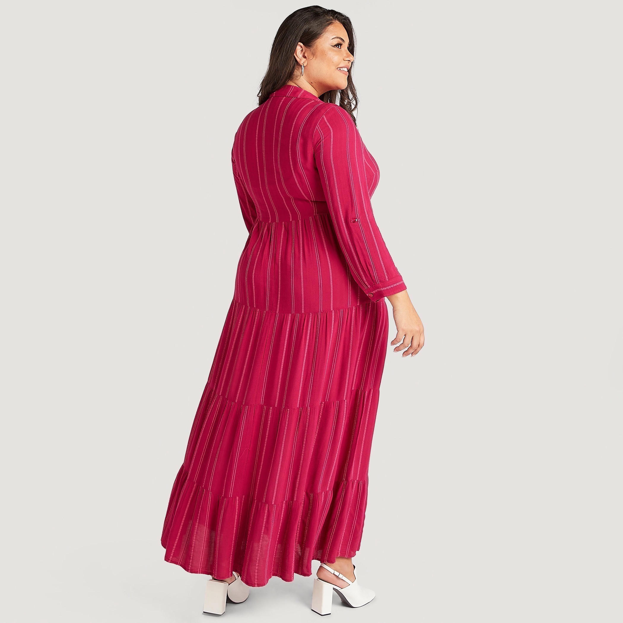 فستان إيه لاين طويل بارز الملمس ومخطّط بأكمام طويلة وياقة عادية-women-clothing-dresses-image-3