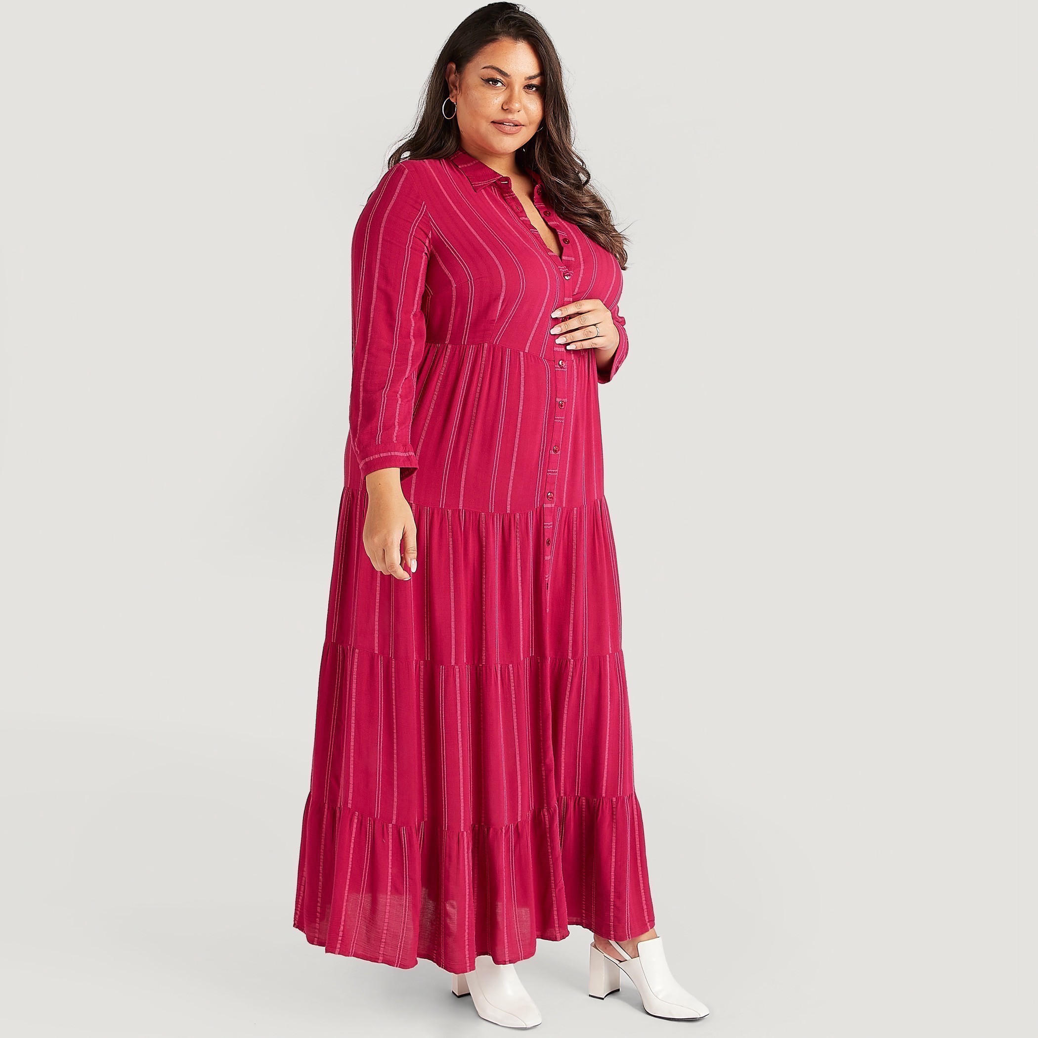 فستان إيه لاين طويل بارز الملمس ومخطّط بأكمام طويلة وياقة عادية-women-clothing-dresses-image-4