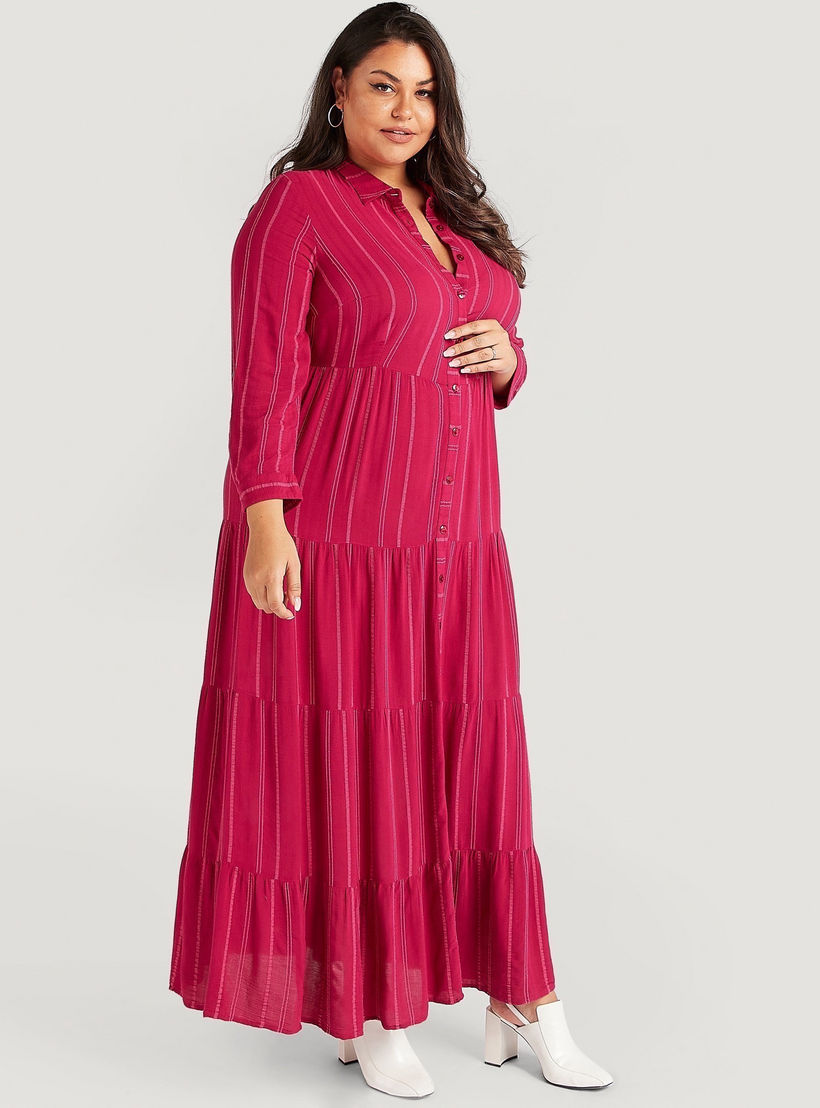 فستان إيه لاين طويل بارز الملمس ومخطّط بأكمام طويلة وياقة عادية-women-clothing-dresses-image-4