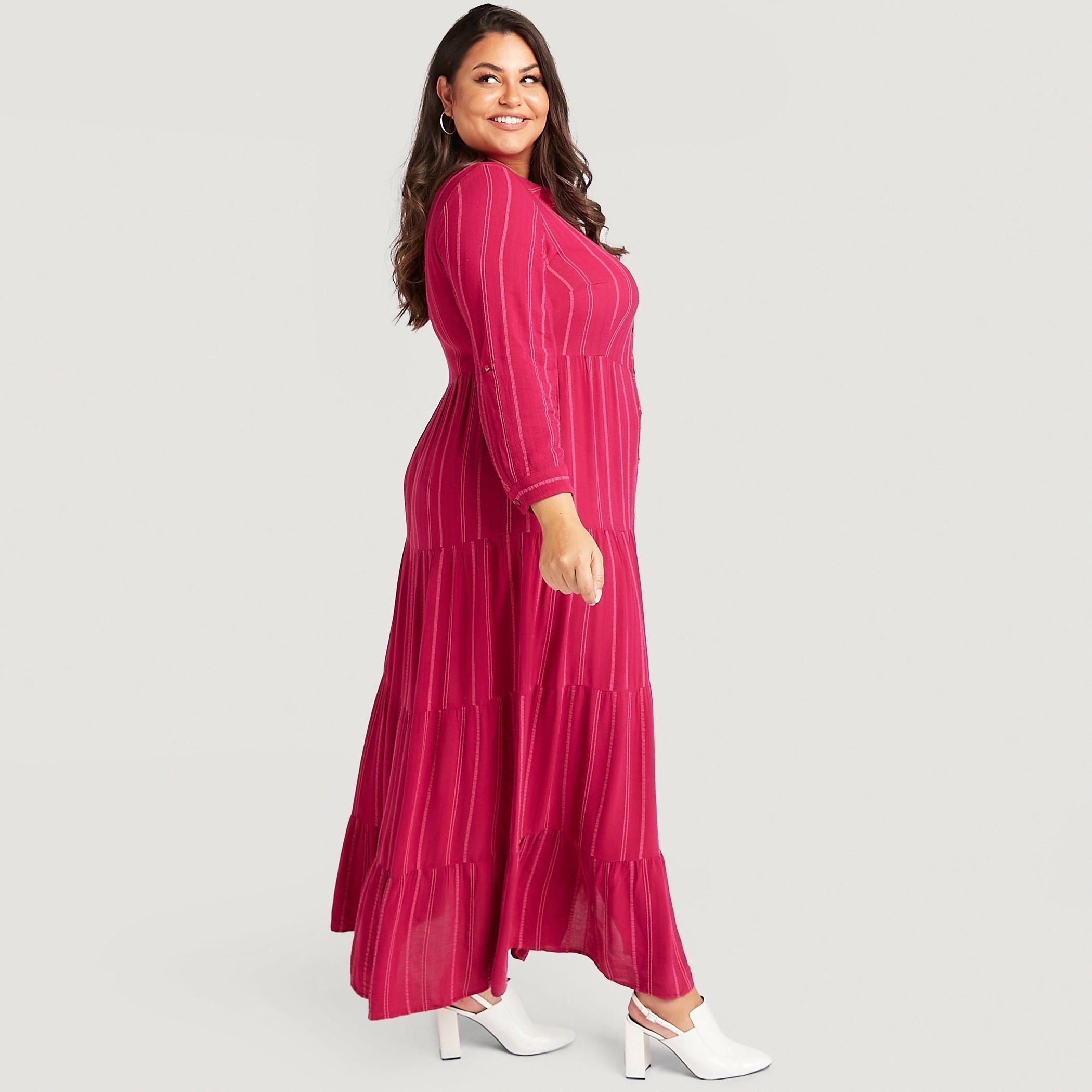 فستان إيه لاين طويل بارز الملمس ومخطّط بأكمام طويلة وياقة عادية-women-clothing-dresses-image-5