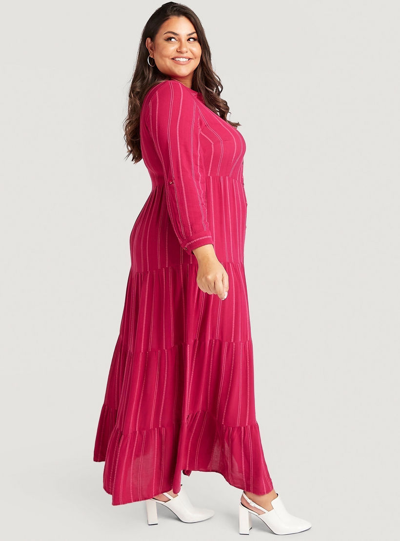 فستان إيه لاين طويل بارز الملمس ومخطّط بأكمام طويلة وياقة عادية-women-clothing-dresses-image-5