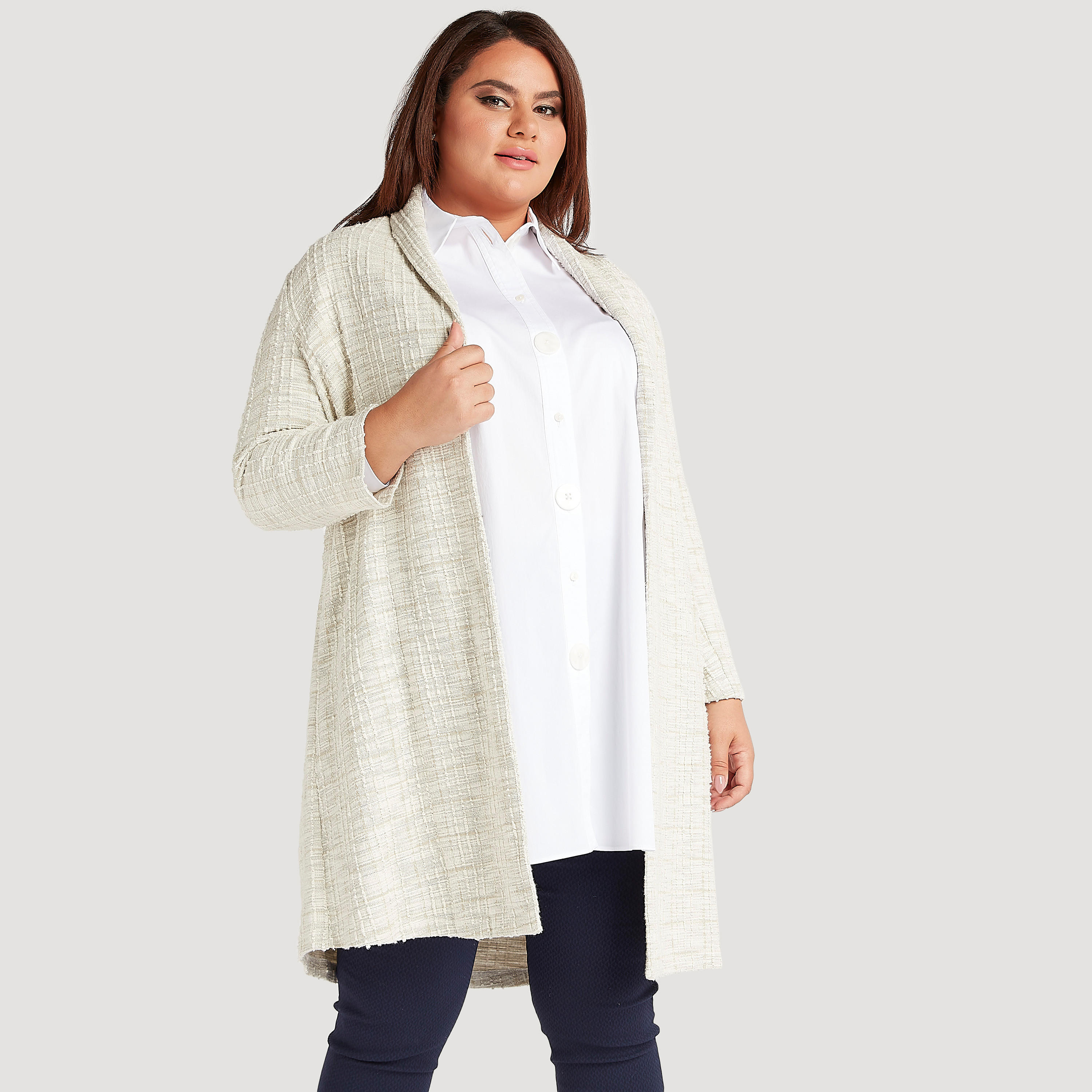 كيمونو طويل خفيف بارز الملمس مع أكمام طويلة-women-winterwear-cardigansandjumpers-cardigans-image-1