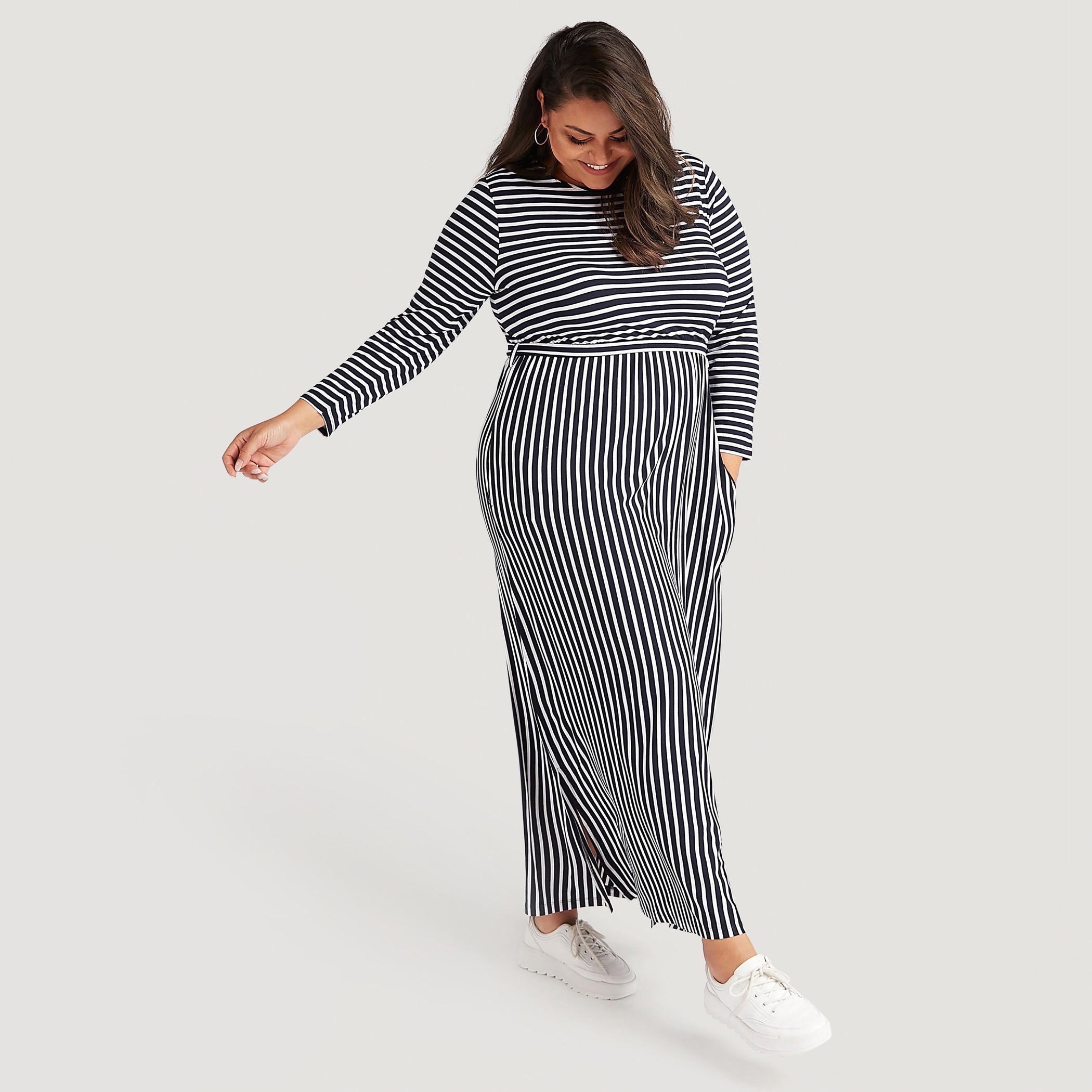 فستان إيه لاين مخطّط طويل بأكمام طويلة-women-clothing-dresses-image-1