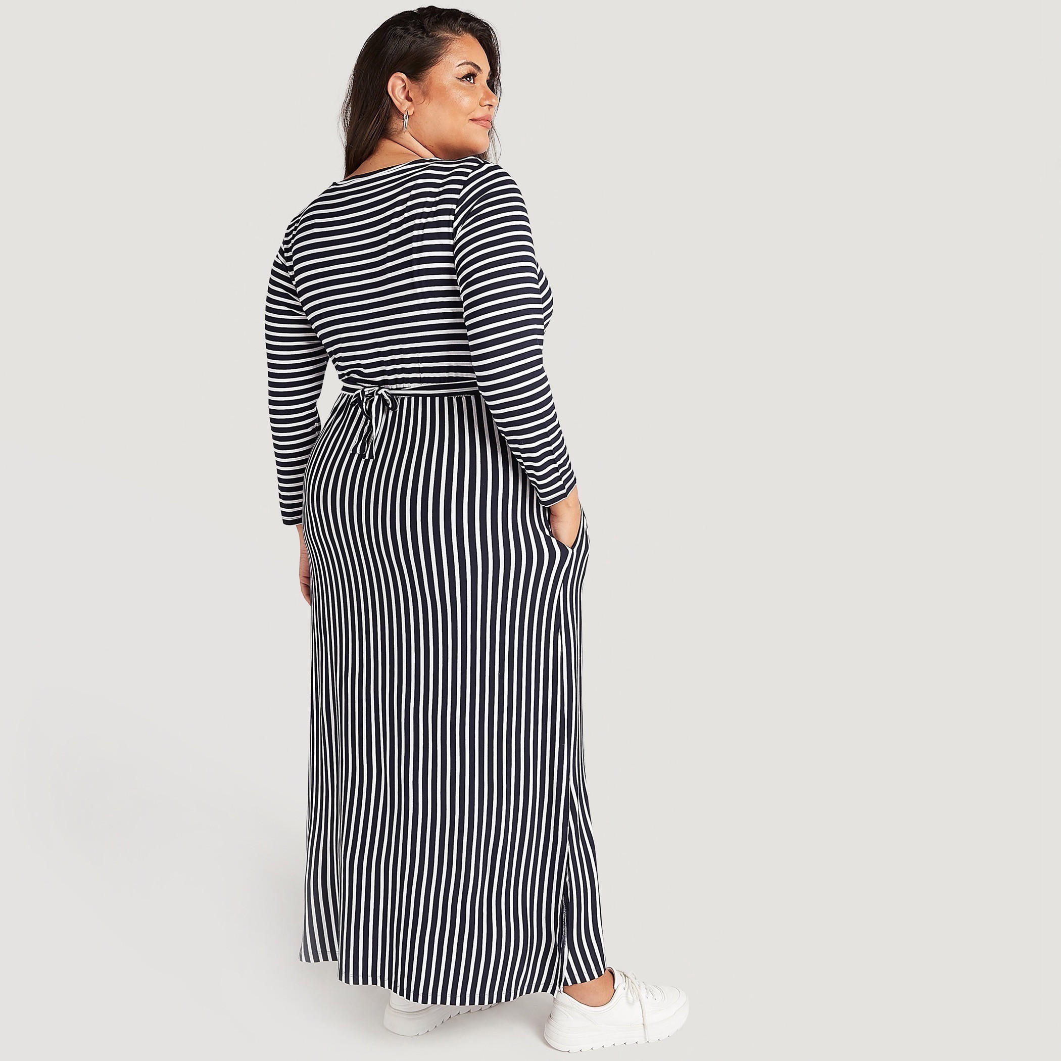فستان إيه لاين مخطّط طويل بأكمام طويلة-women-clothing-dresses-image-4