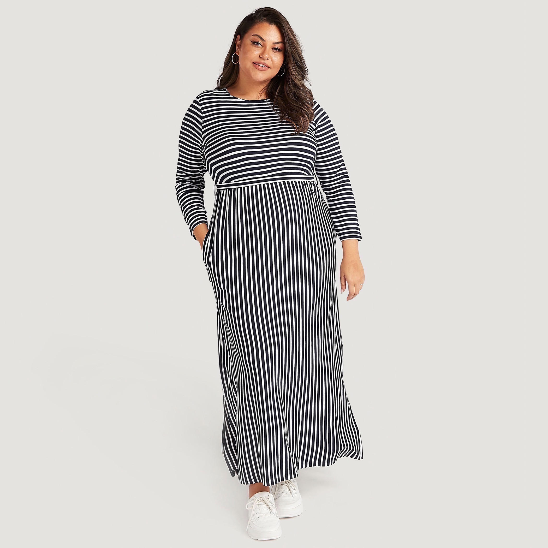 فستان إيه لاين مخطّط طويل بأكمام طويلة-women-clothing-dresses-image-5