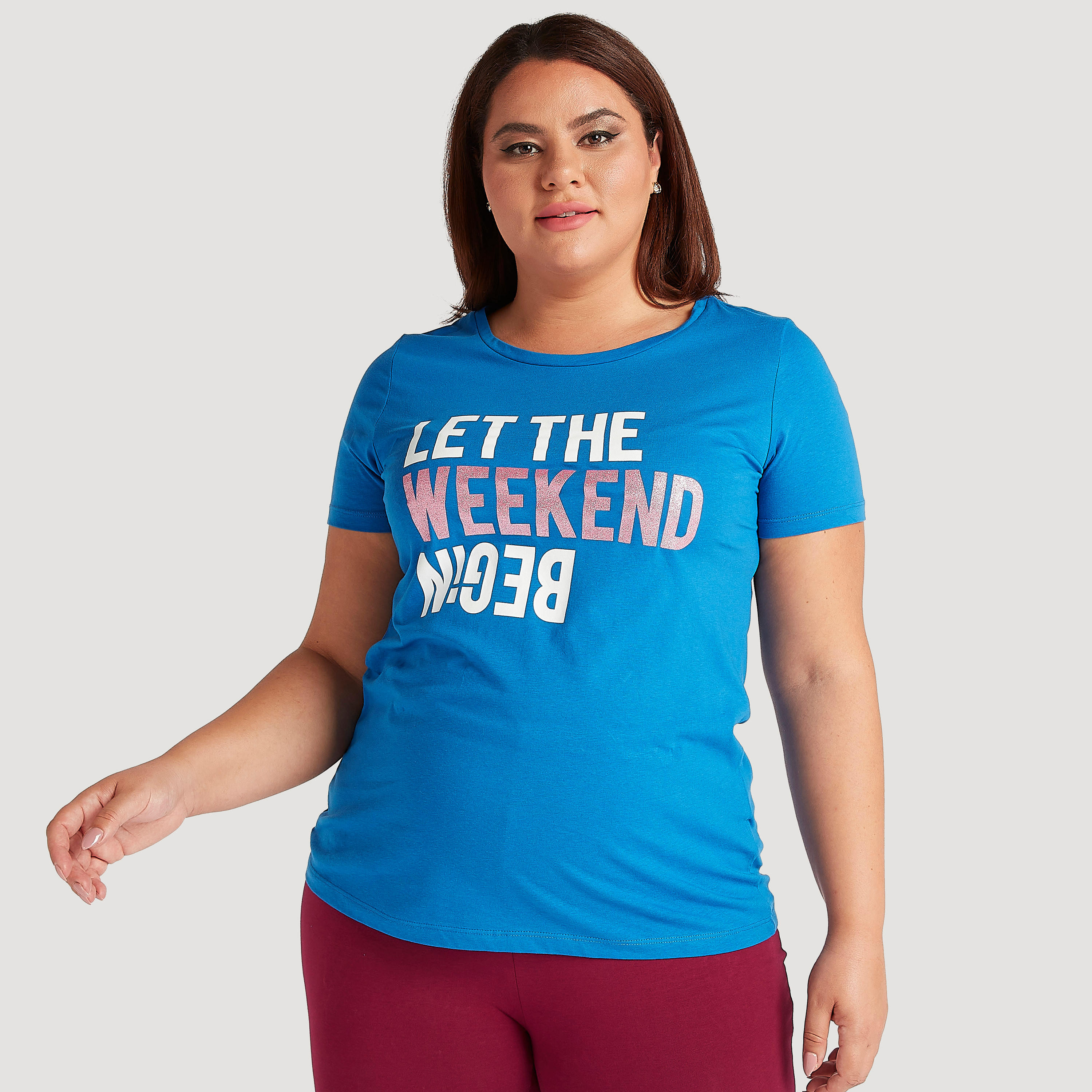 Typographic Print T-shirt with Short Sleeves and Round Neck-women-clothing-tshirts-image-1