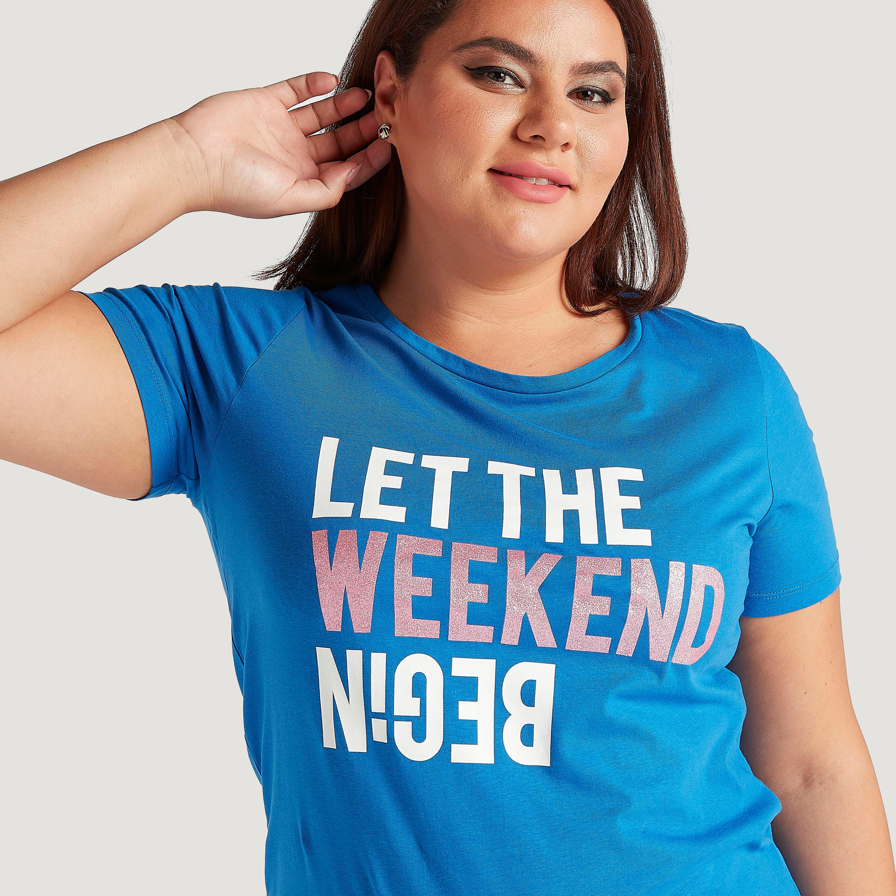 Typographic Print T-shirt with Short Sleeves and Round Neck-women-clothing-tshirts-image-3