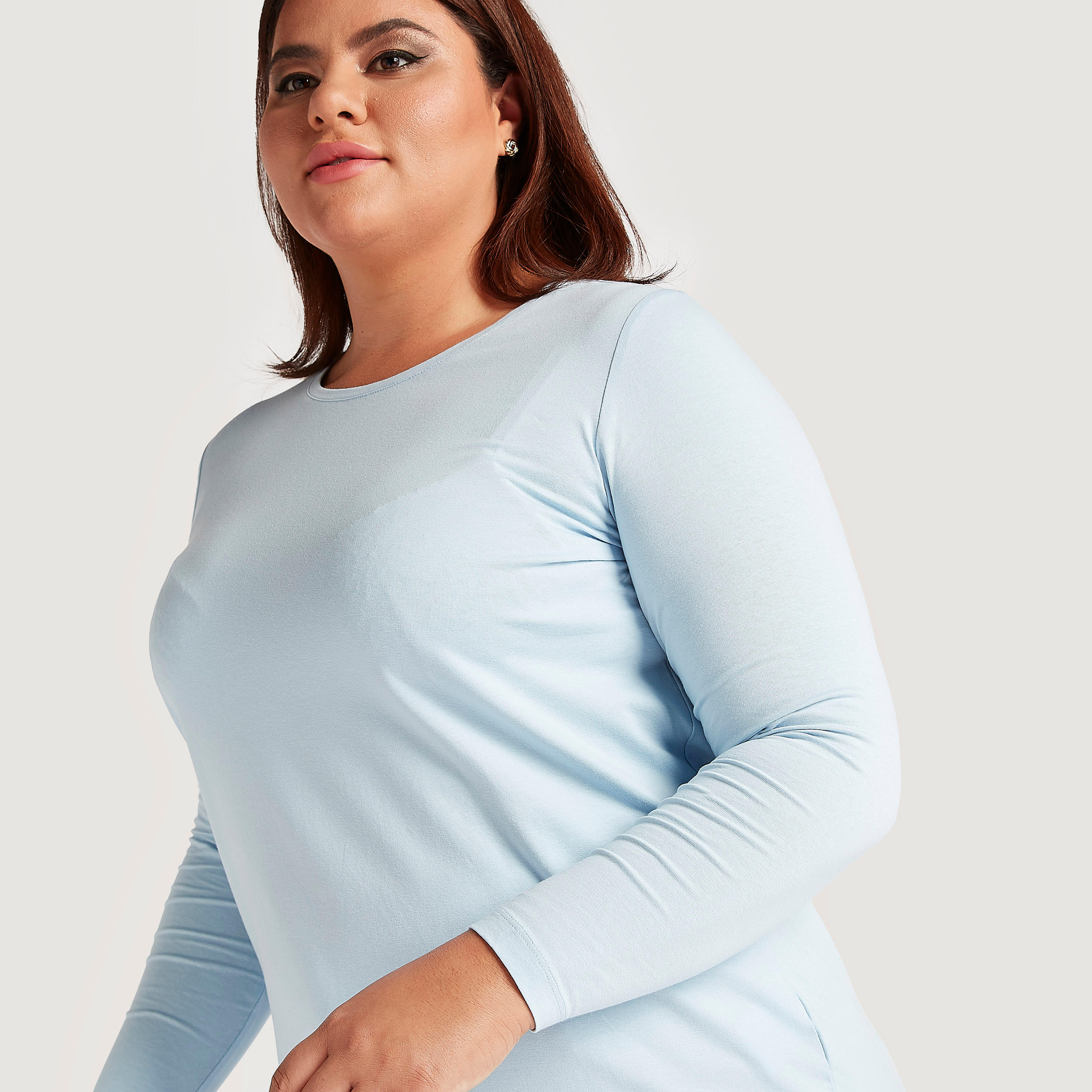 Solid T-shirt with Long Sleeves and Crew Neck-women-clothing-tshirts-image-3