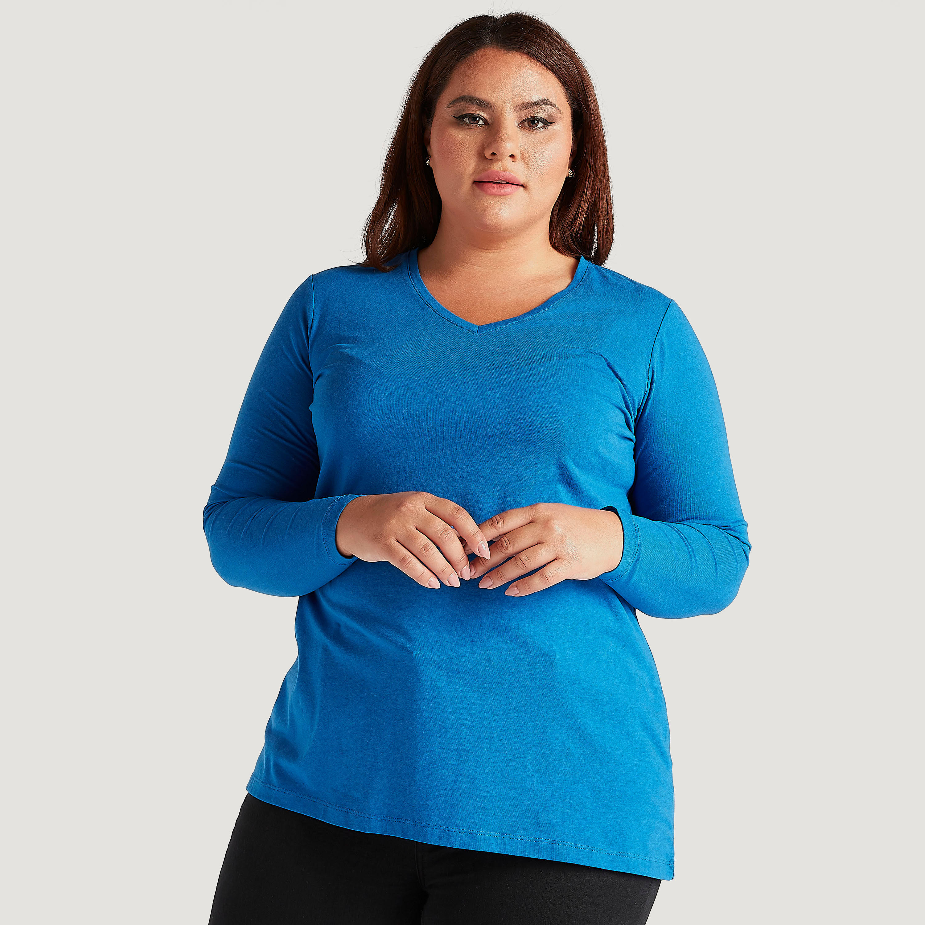 تيشيرت سادة بياقة V وأكمام طويلة-women-clothing-tshirts-image-5