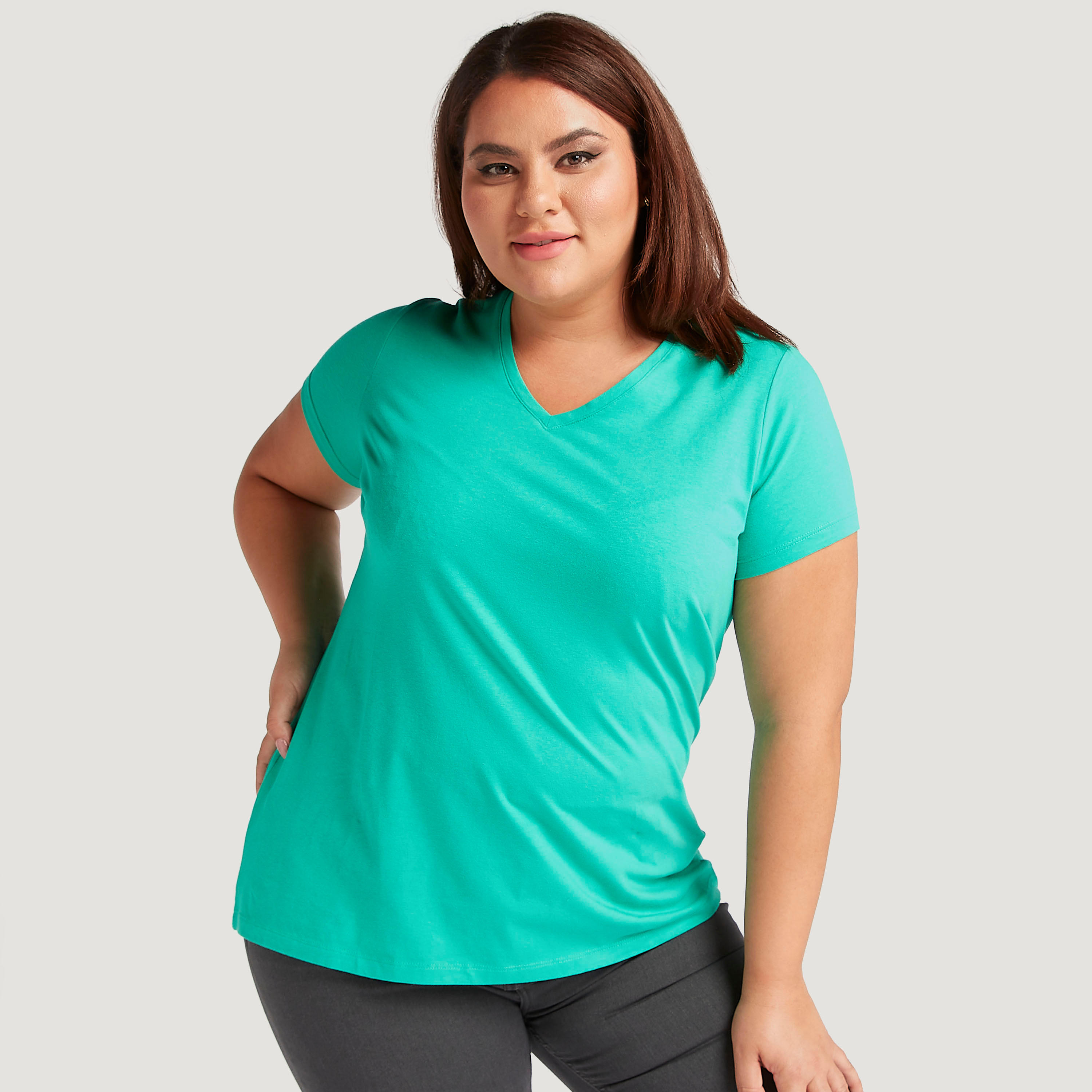 تيشيرت سادة بياقة V وأكمام قصيرة-women-clothing-tshirts-image-1