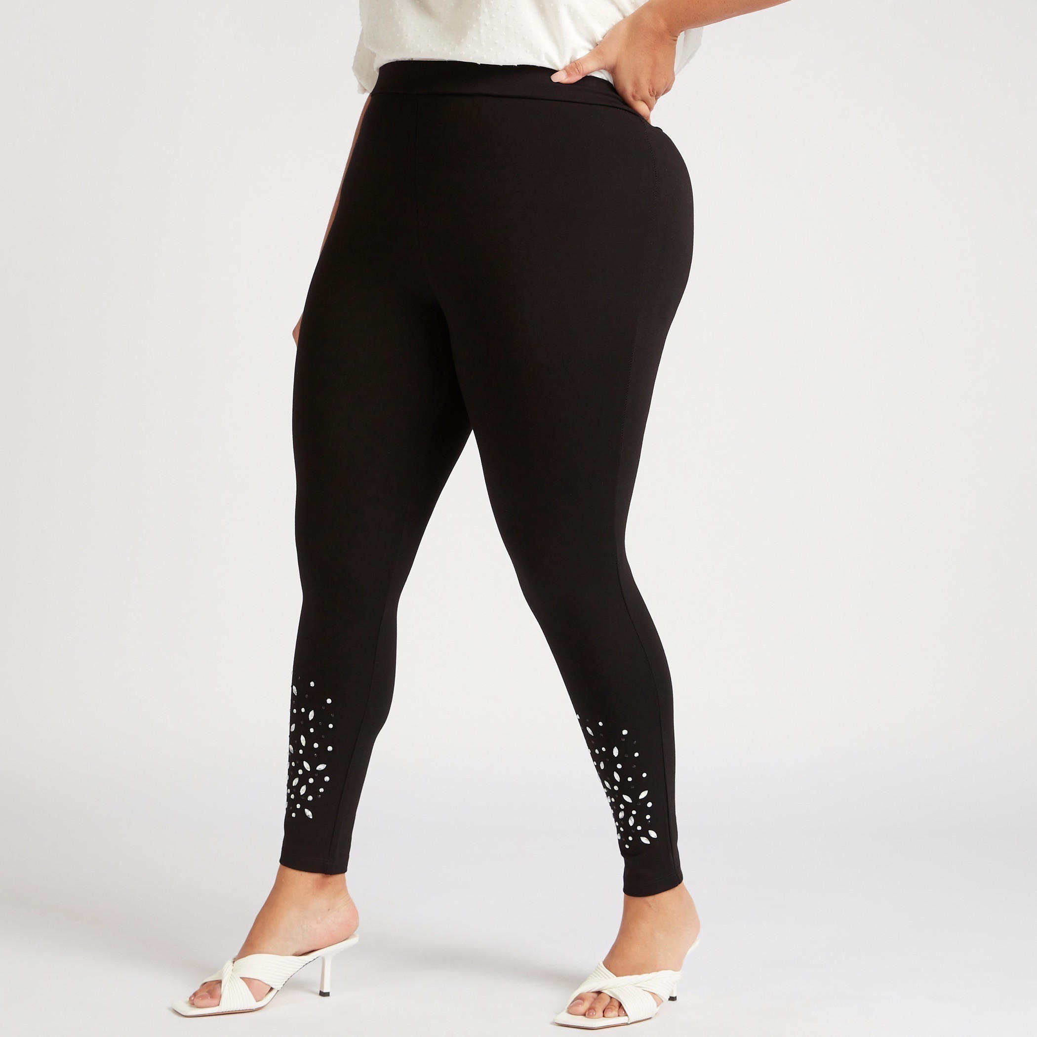 بنطلون ليقنز مزيّن بقصة سكيني وخصر مطّاطي متوسط الارتفاع-women-clothing-bottoms-leggings-image-1