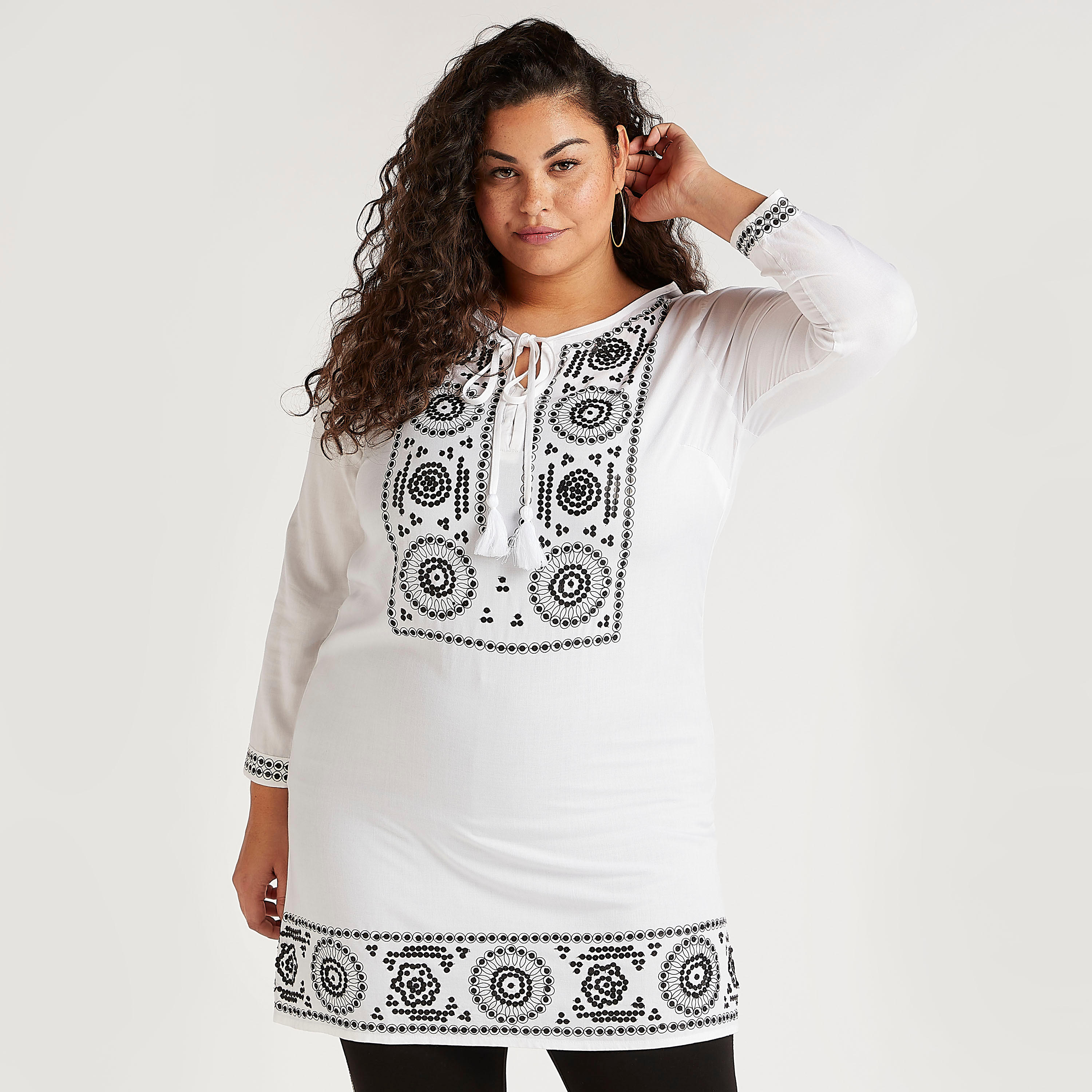 Sequinned Tunic with Tie Neck and Long Sleeves-women-clothing-shirtsandblouses-blouses-image-1