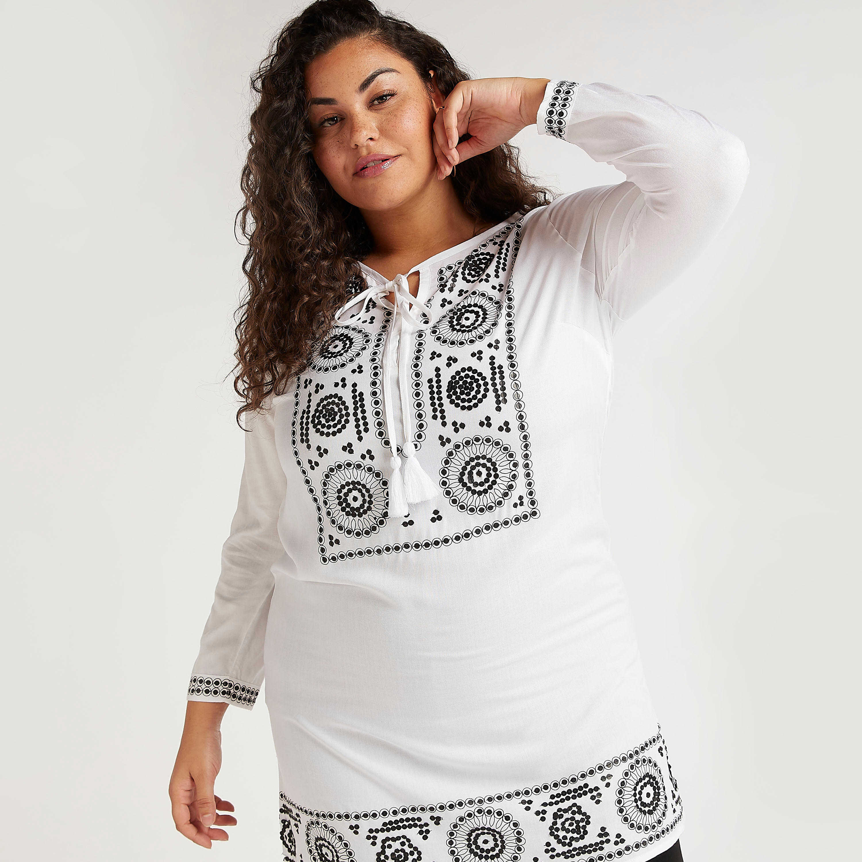 Sequinned Tunic with Tie Neck and Long Sleeves-women-clothing-shirtsandblouses-blouses-image-5
