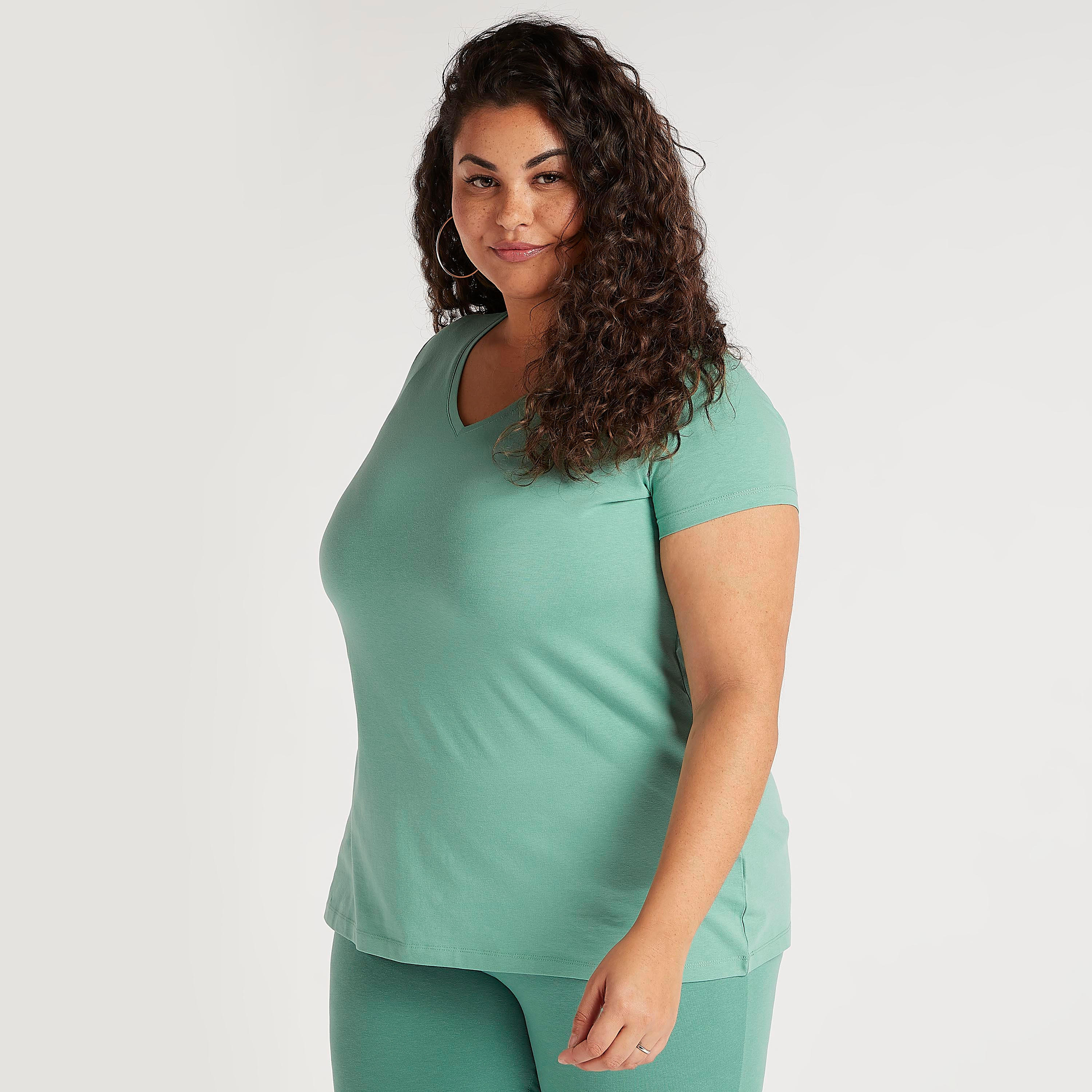 Solid T-shirt with V-neck and Short Sleeves-women-clothing-tshirts-image-1