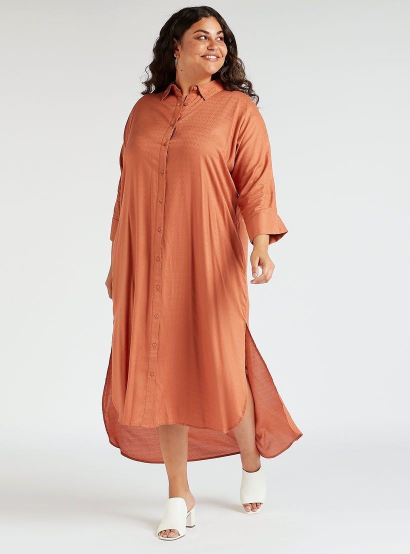 فستان قميص ميدي بارز الملمس بجيوب وتفاصيل فتحة-women-clothing-dresses-image-1