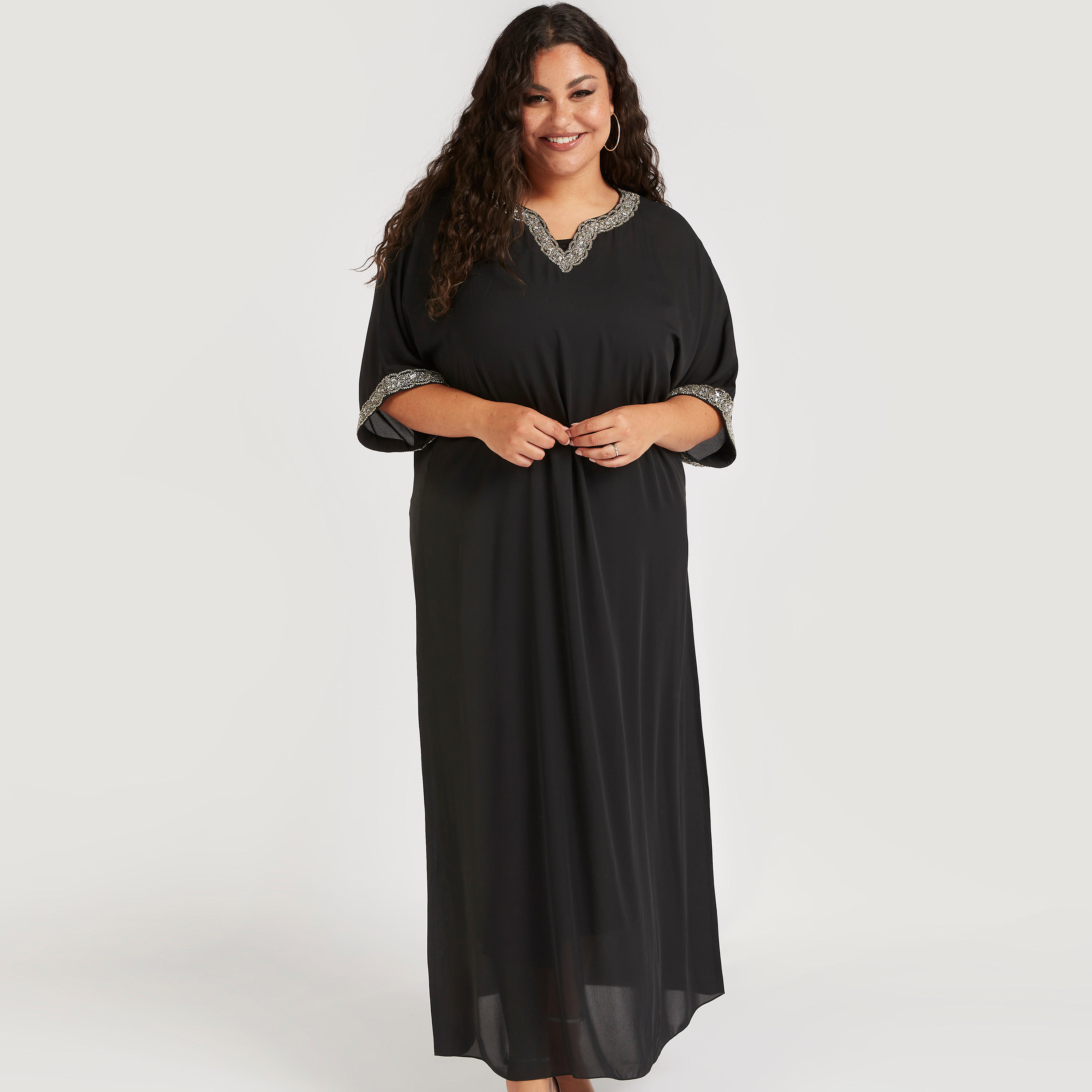 فستان إيه لاين طويل مزيّن بأكمام قصيرة-women-clothing-dresses-image-1