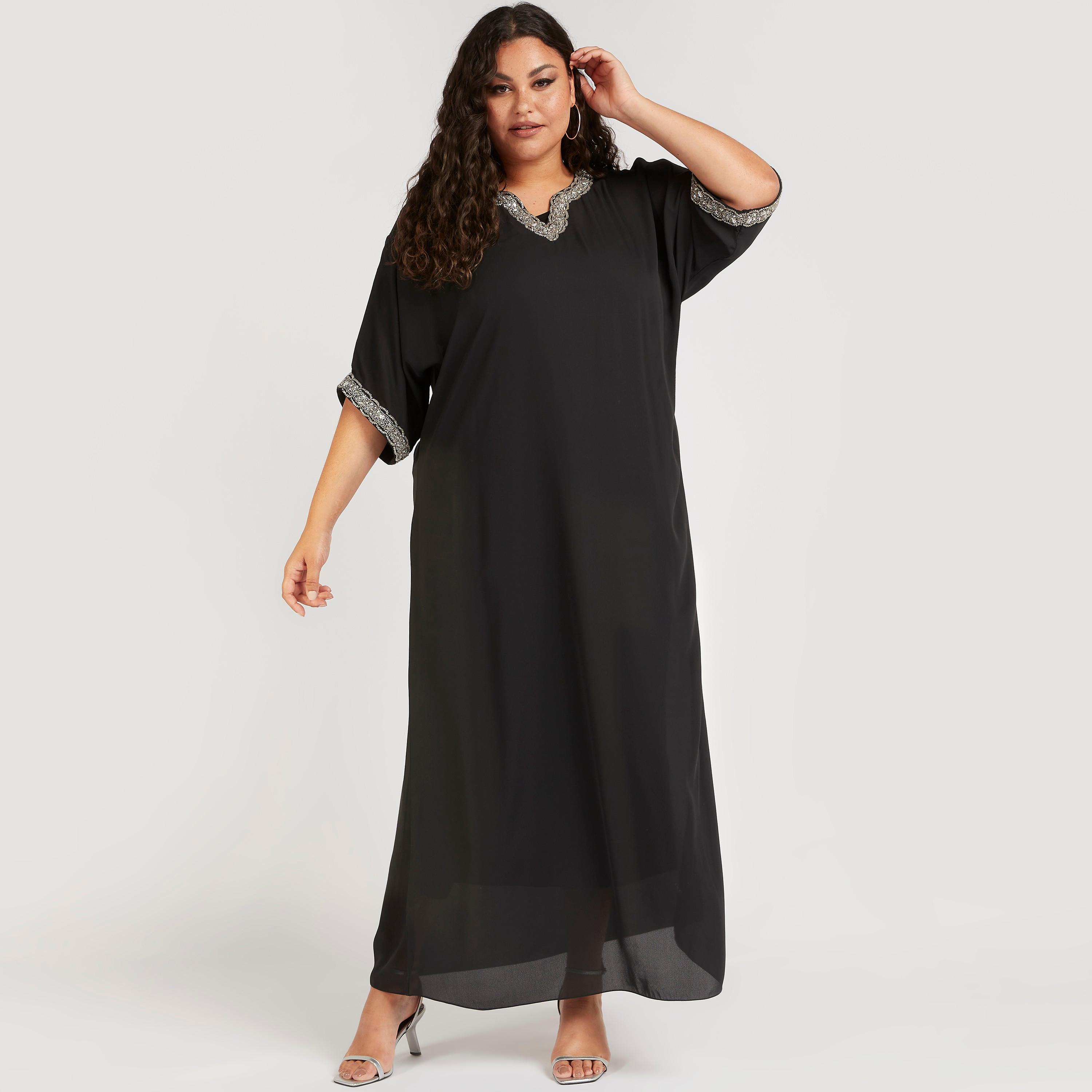 فستان إيه لاين طويل مزيّن بأكمام قصيرة-women-clothing-dresses-image-2