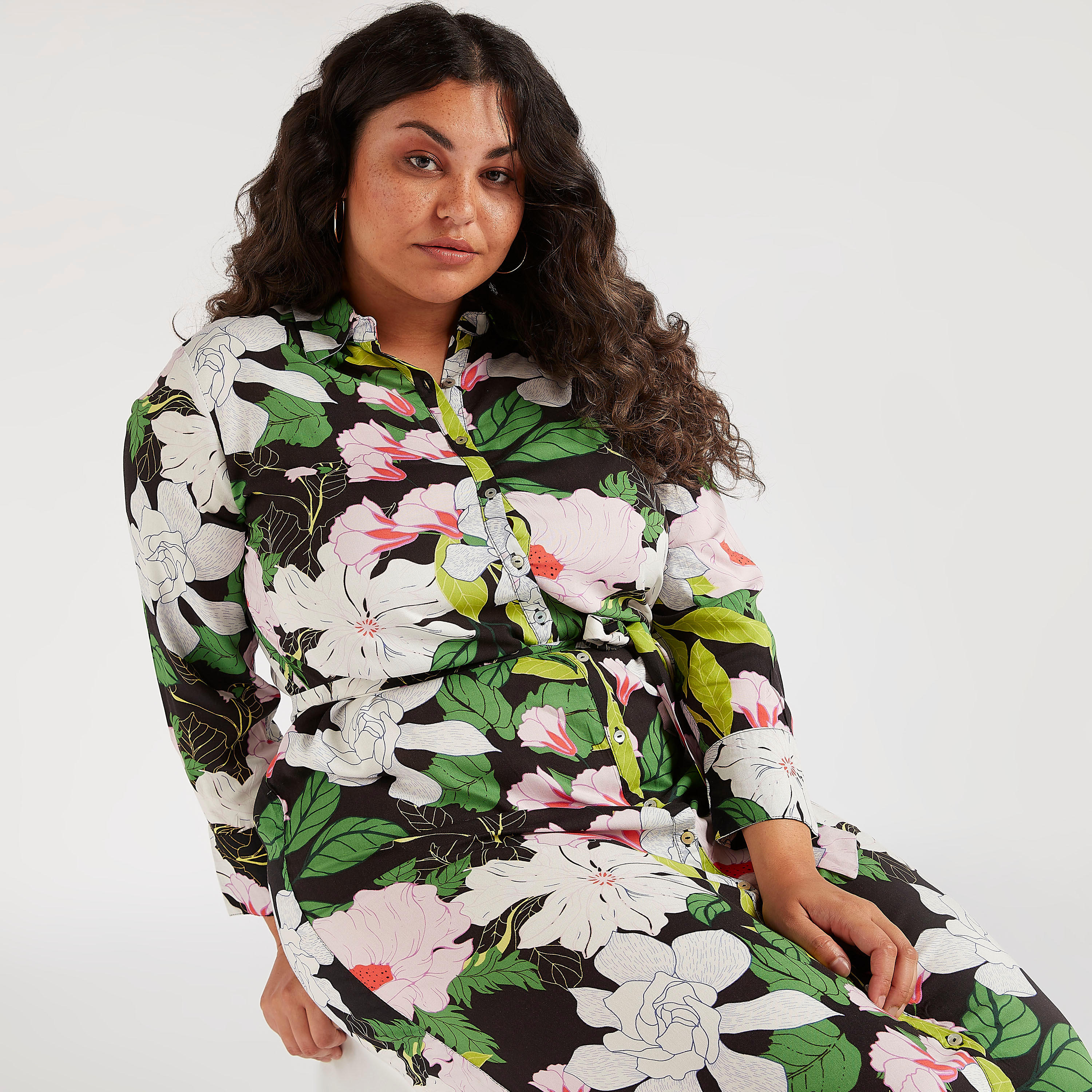 فستان قميص طويل بحزام رباط وطبعات زهرية-women-clothing-dresses-image-1