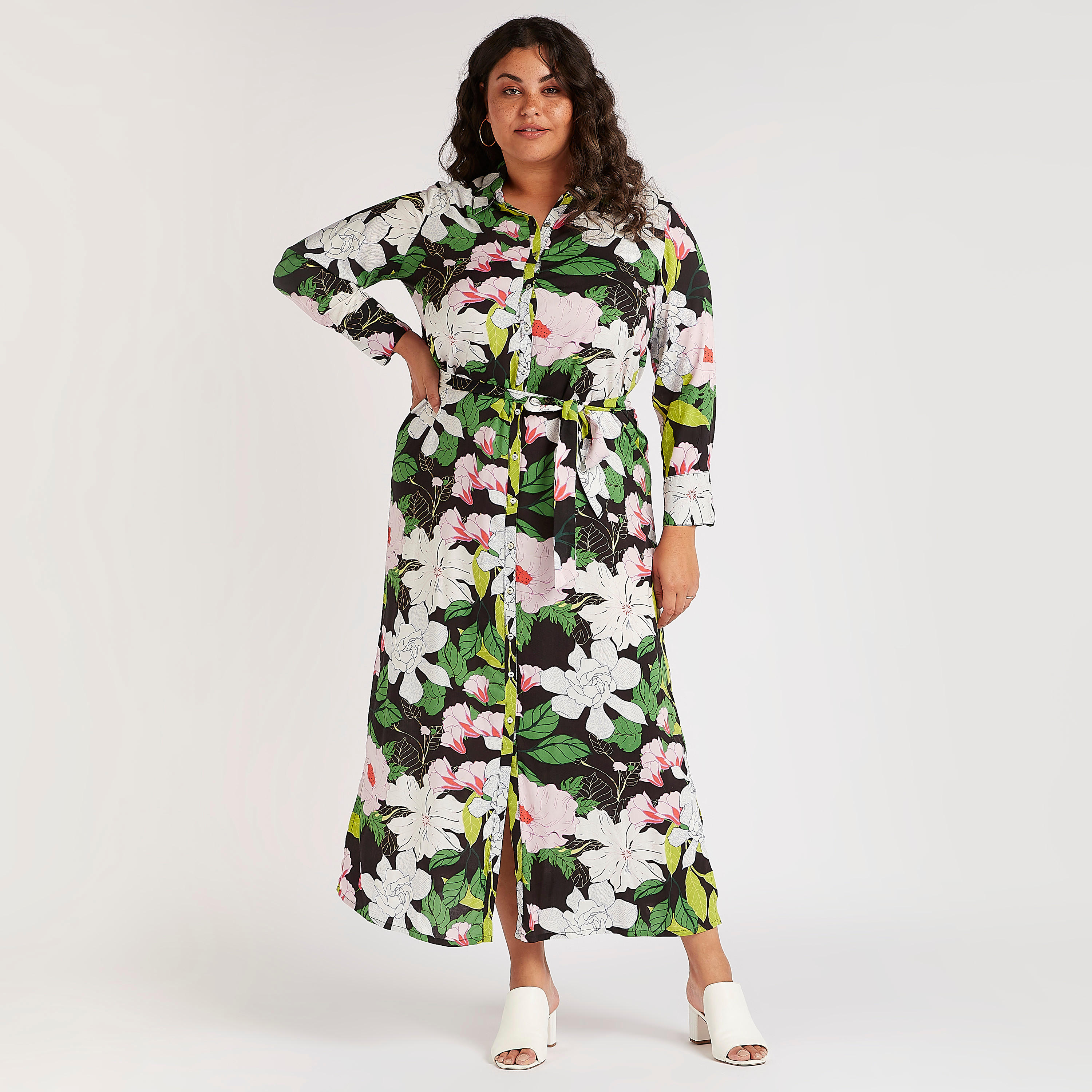 فستان قميص طويل بحزام رباط وطبعات زهرية-women-clothing-dresses-image-2