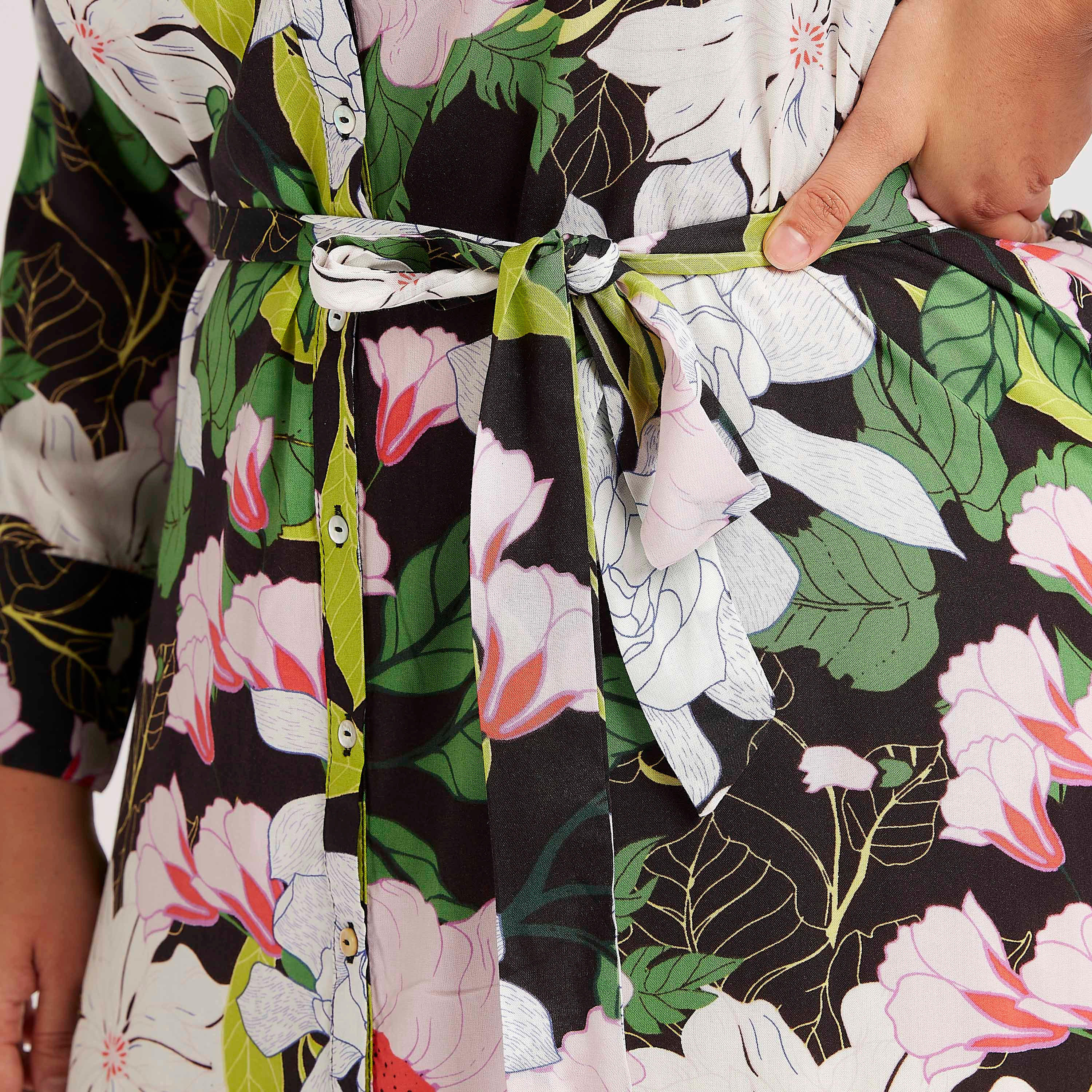 فستان قميص طويل بحزام رباط وطبعات زهرية-women-clothing-dresses-image-3