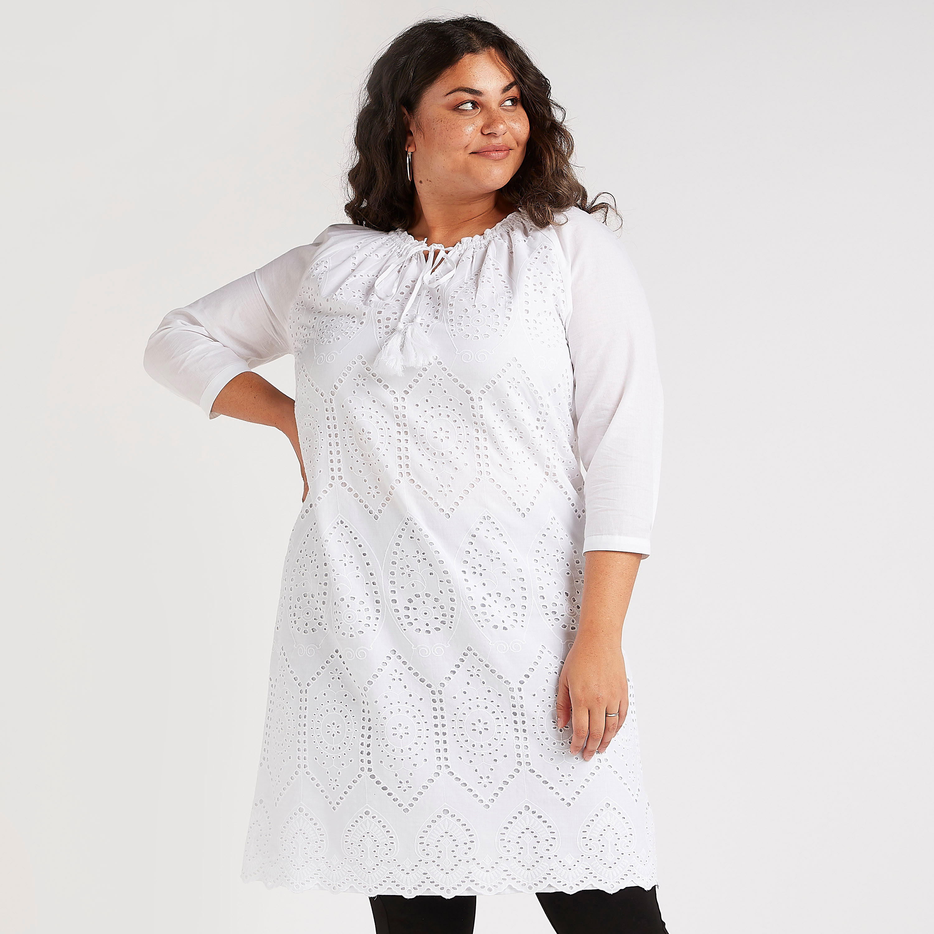Embroidered Tunic with Neck Tie-Ups and 3/4 Sleeves-women-clothing-shirtsandblouses-blouses-image-1