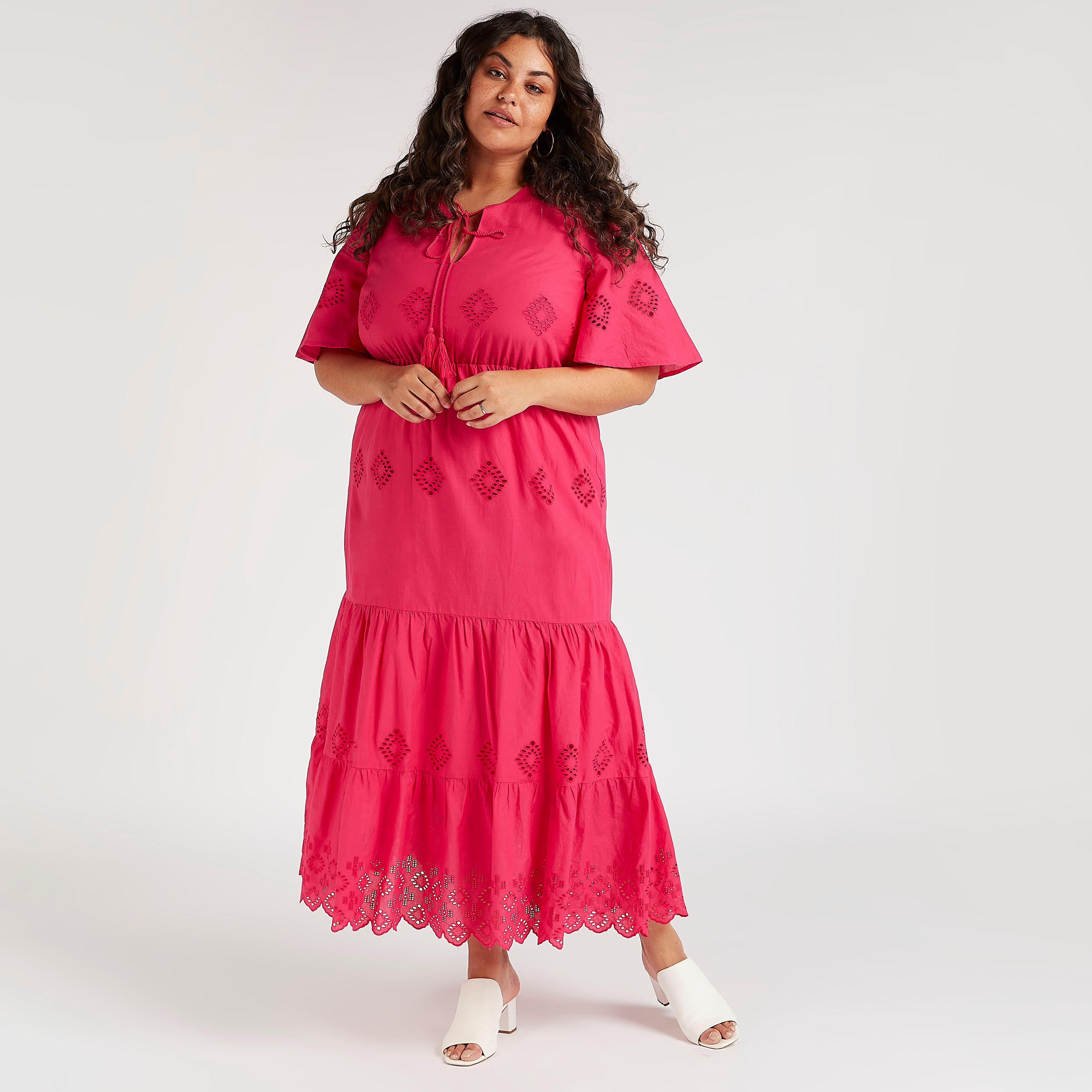 فستان طويل إيه لاين مطرز بياقة رباط وأكمام قصيرة-women-clothing-dresses-image-1