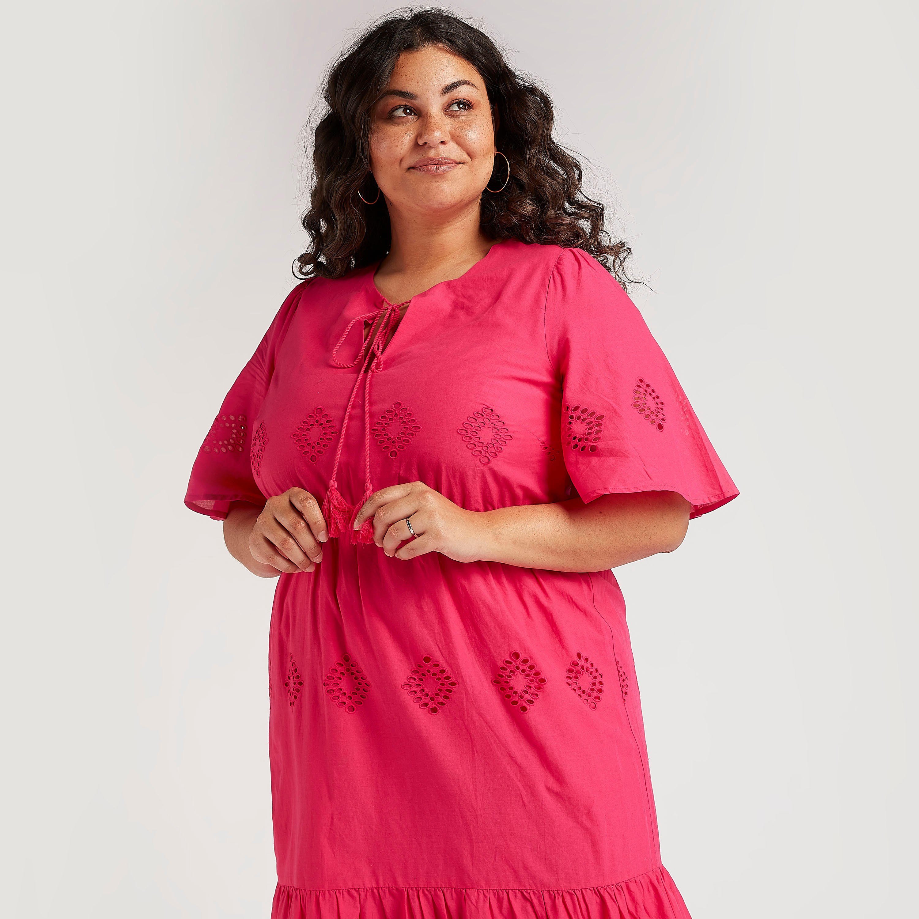 فستان طويل إيه لاين مطرز بياقة رباط وأكمام قصيرة-women-clothing-dresses-image-2