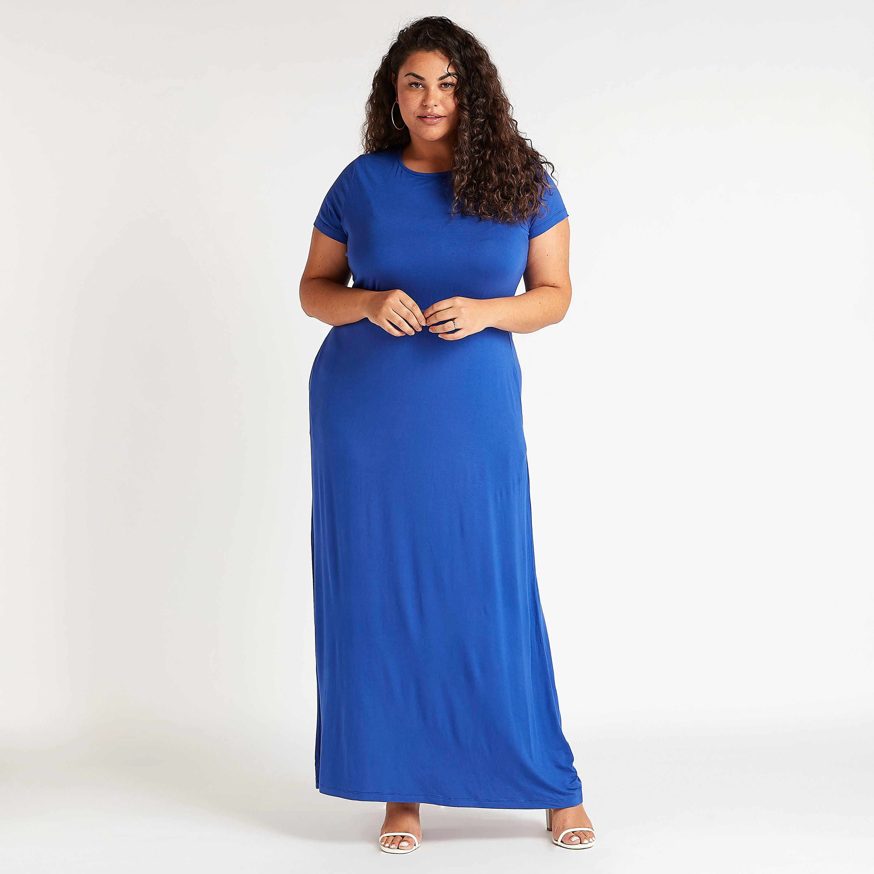 فستان واسع طويل سادة بياقة مستديرة وأكمام قصيرة-women-clothing-dresses-image-1