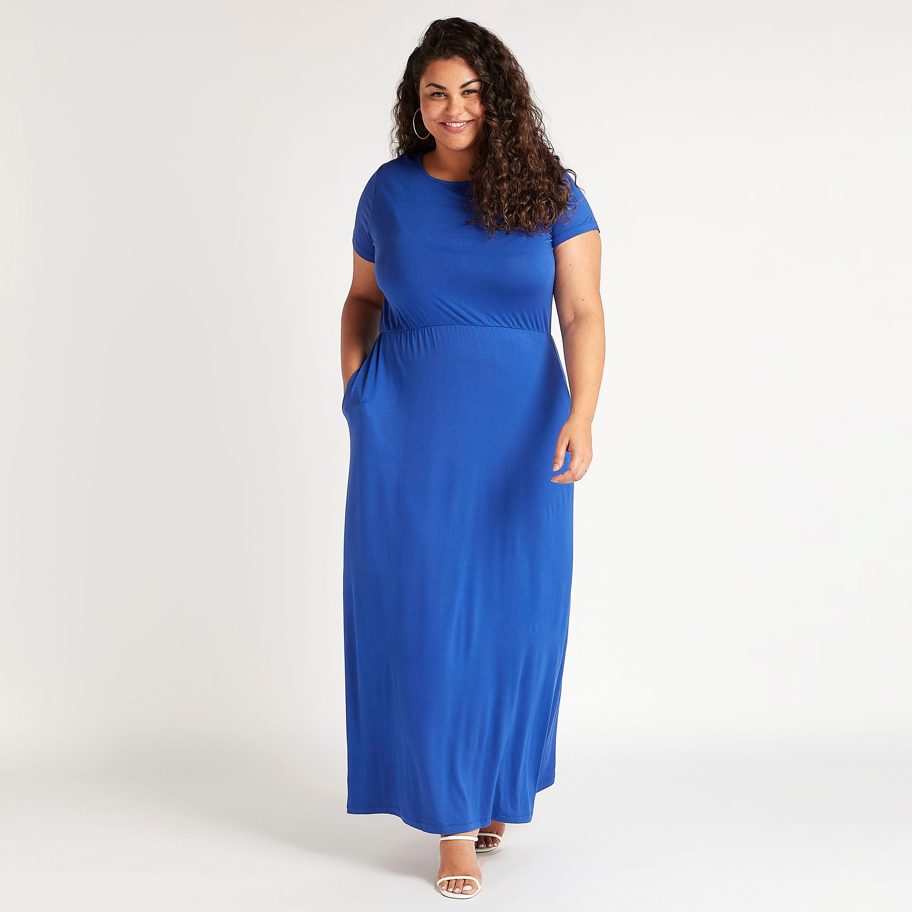 فستان واسع طويل سادة بياقة مستديرة وأكمام قصيرة-women-clothing-dresses-image-2