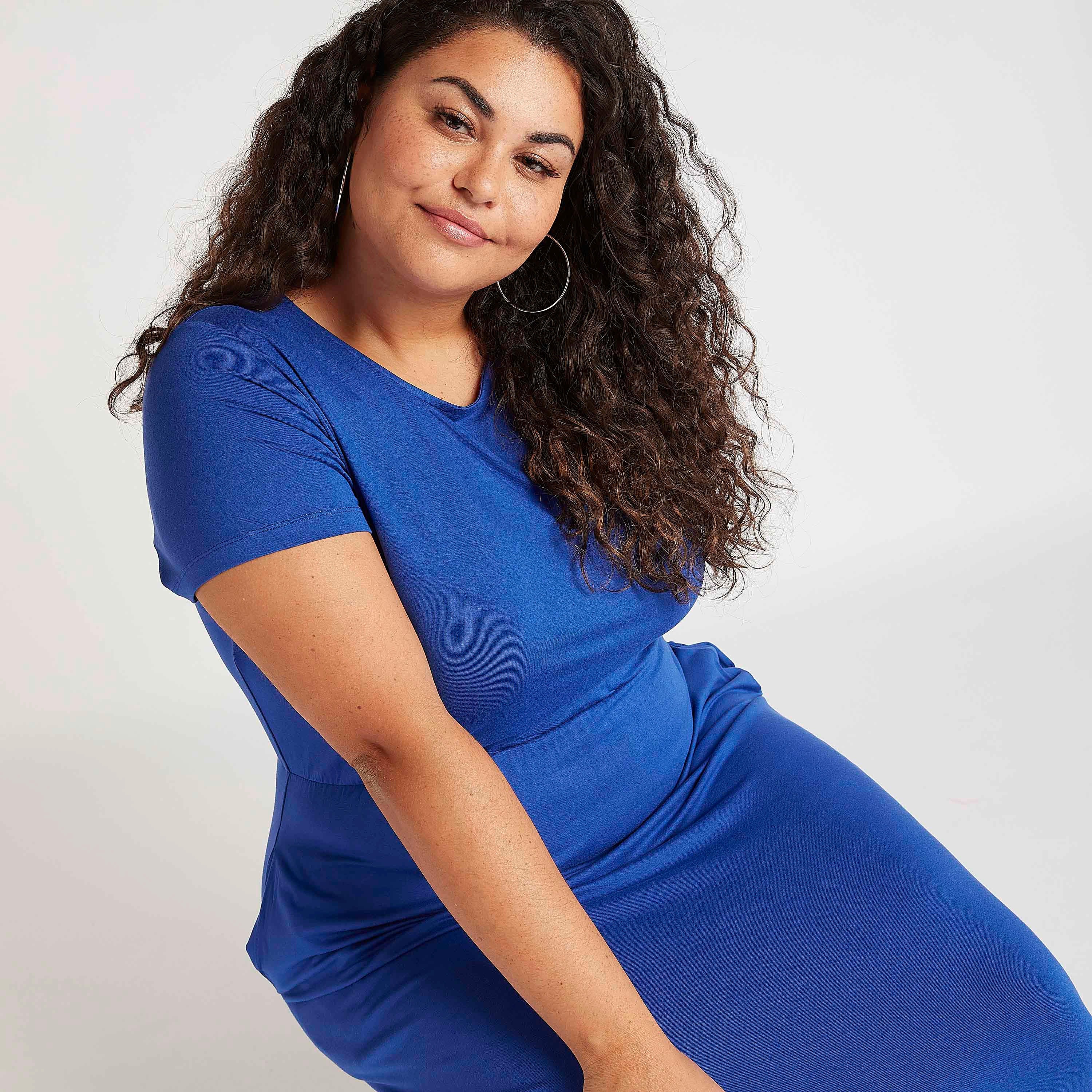 فستان واسع طويل سادة بياقة مستديرة وأكمام قصيرة-women-clothing-dresses-image-5