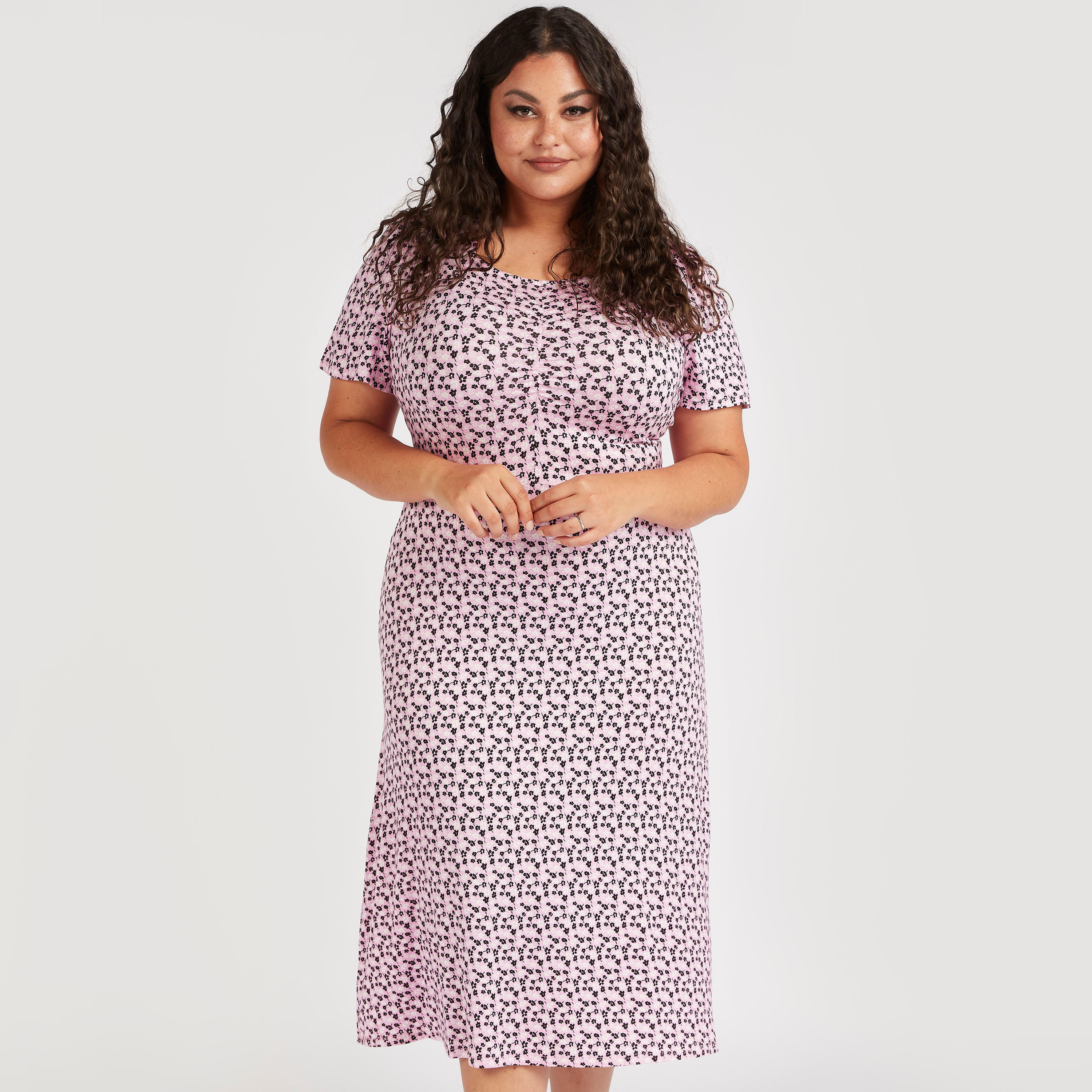 Floral Print Midi Shift Dress with Short Sleeves-women-clothing-dresses-image-1