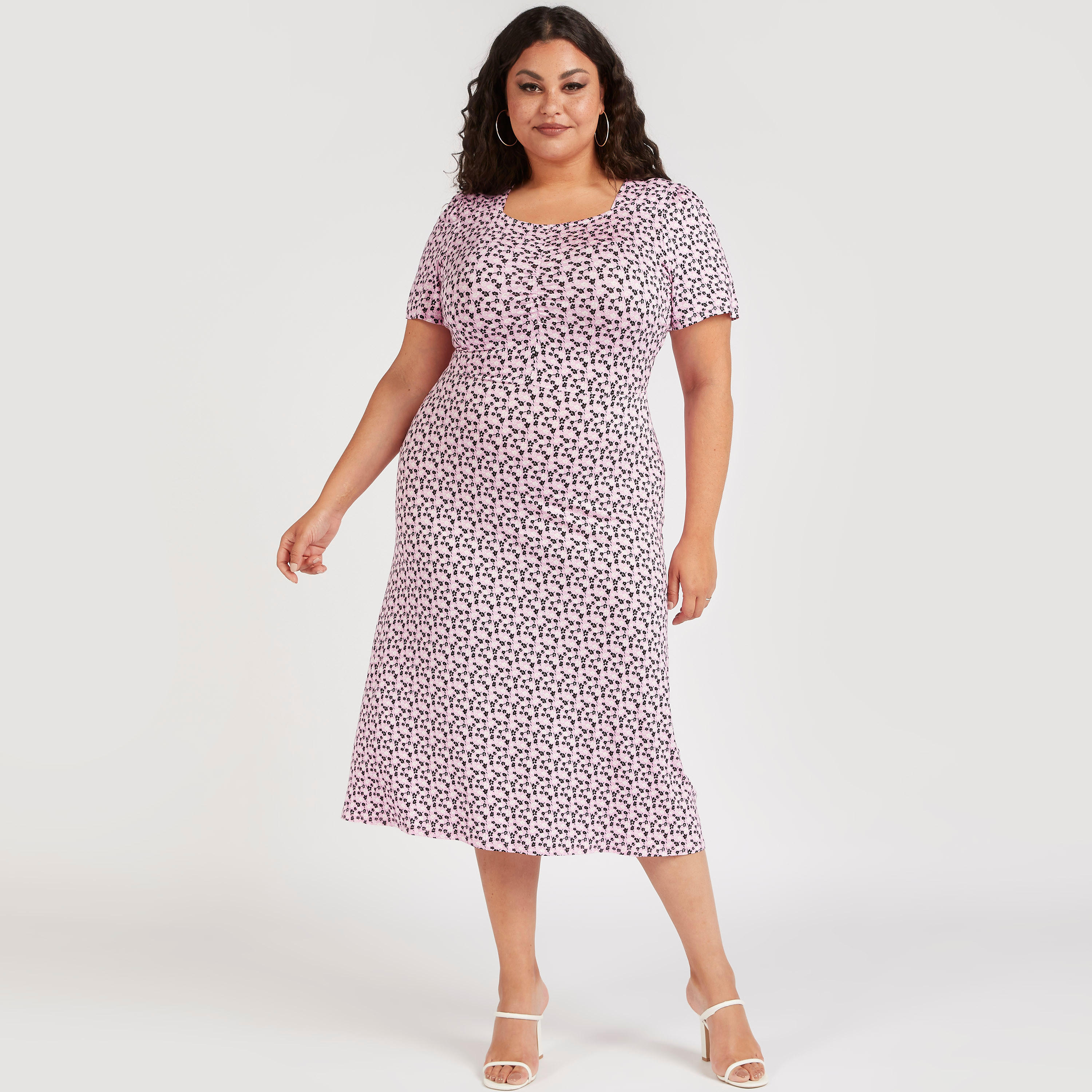 Floral Print Midi Shift Dress with Short Sleeves-women-clothing-dresses-image-2