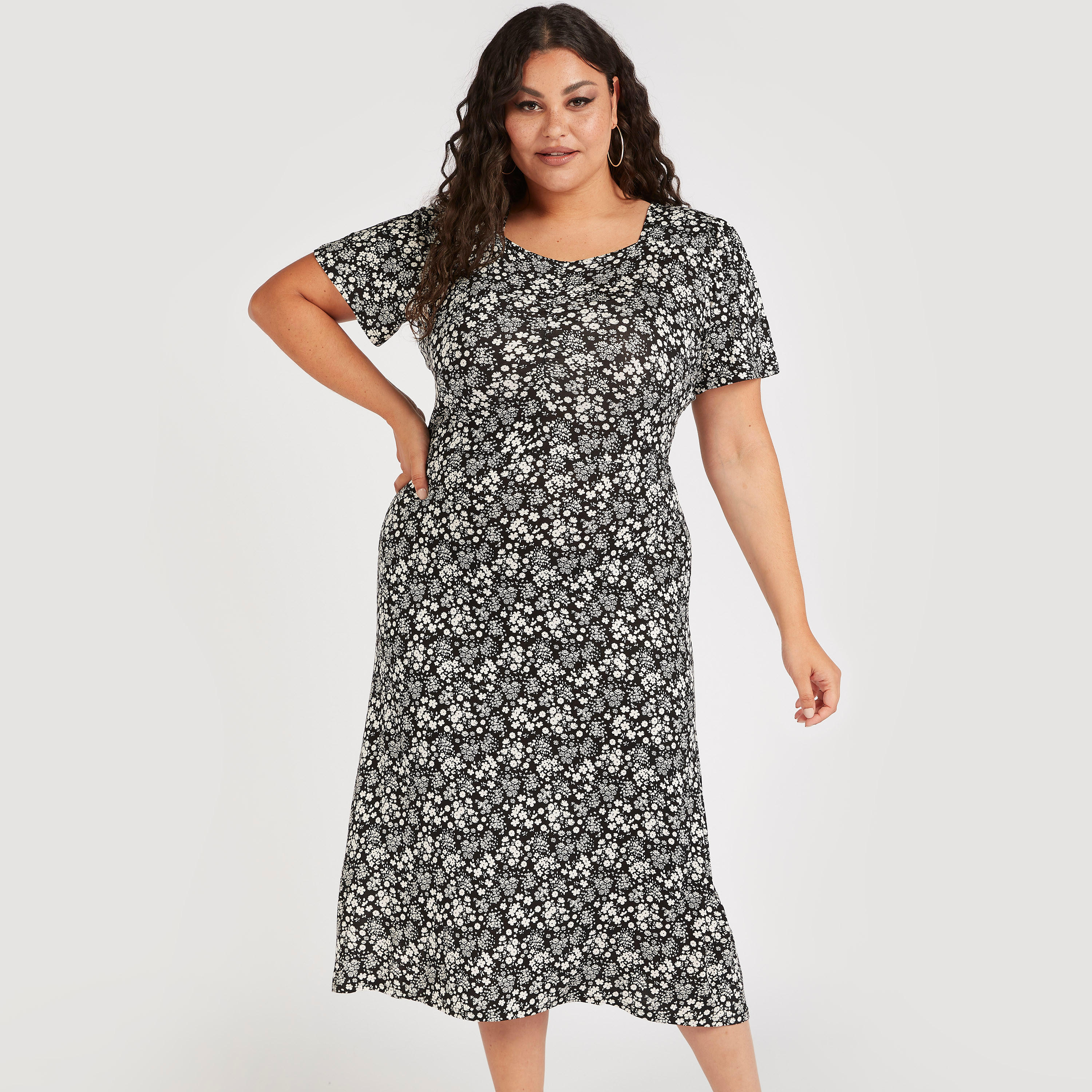 Floral Print Midi Shift Dress with Short Sleeves-women-clothing-dresses-image-1