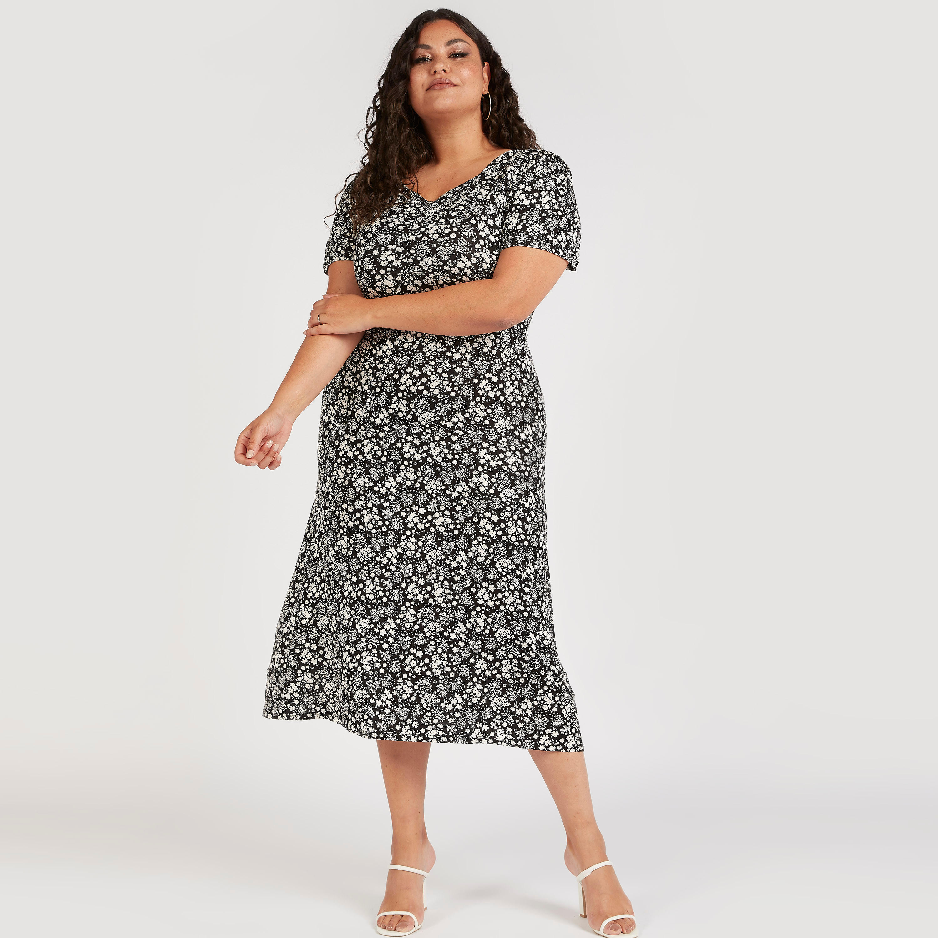 Floral Print Midi Shift Dress with Short Sleeves-women-clothing-dresses-image-2