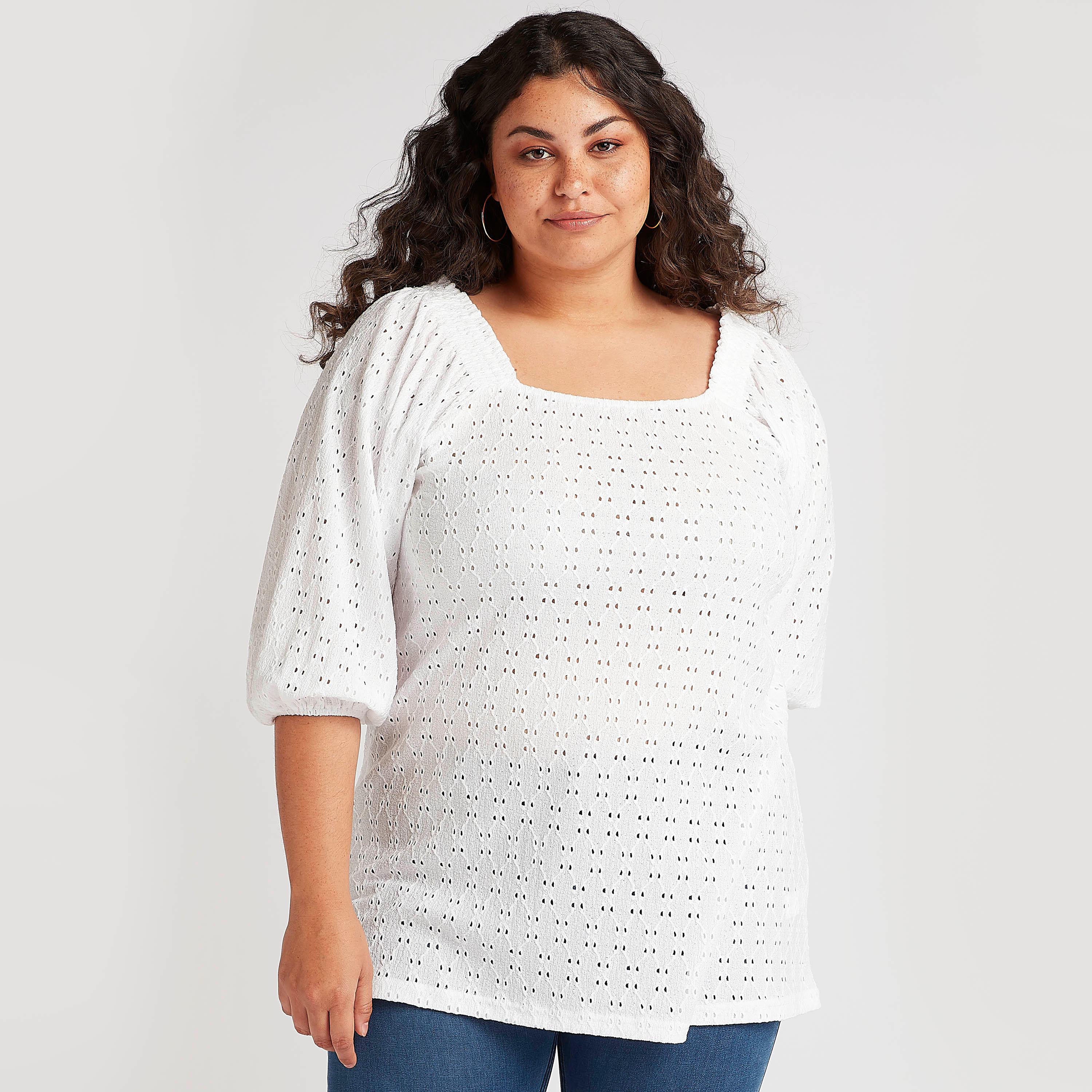 بلوزة بارزة الملمس بياقة قارب وأكمام 3/4-women-clothing-shirtsandblouses-blouses-image-1