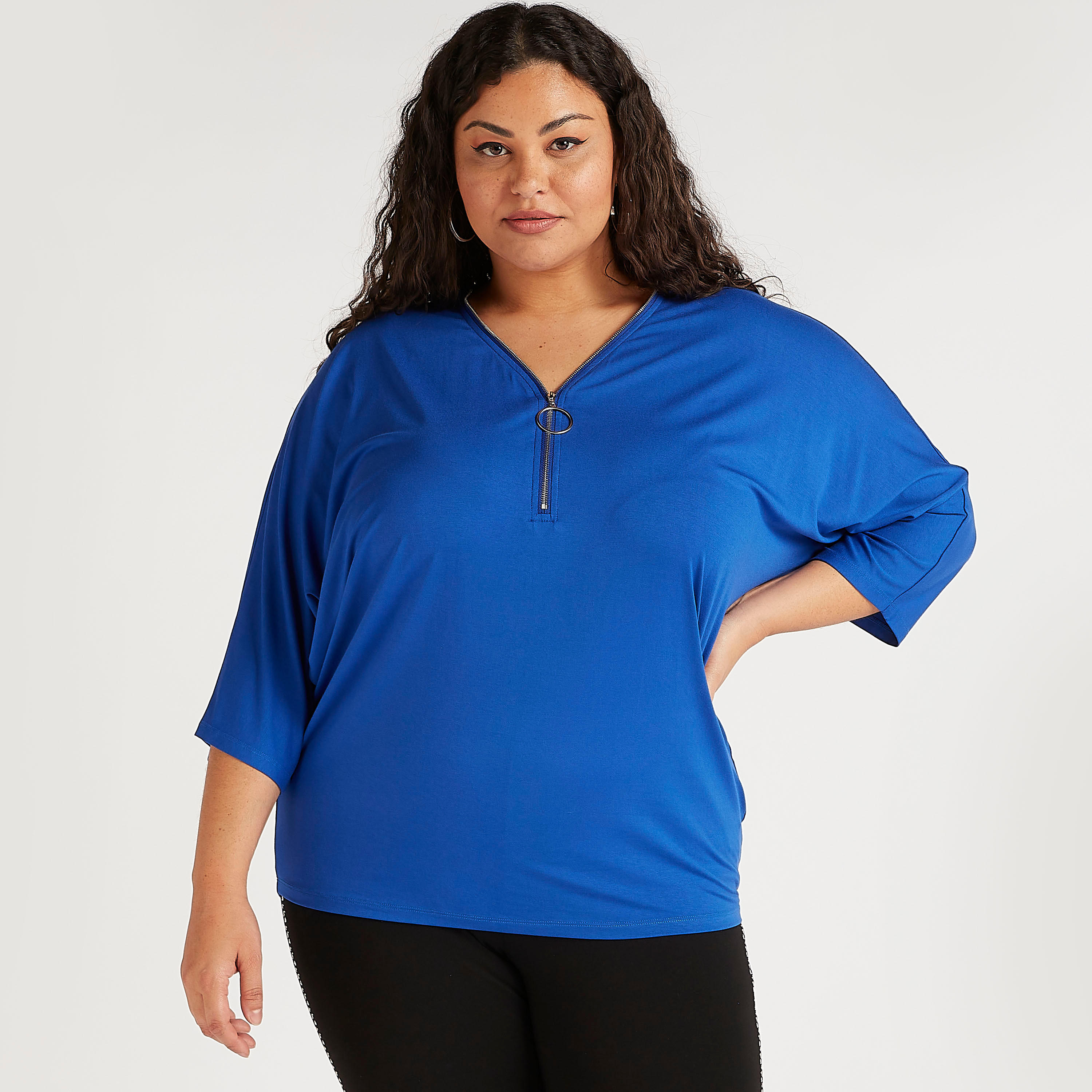 Solid Top with Zipper Detail Neck and 3/4 Sleeves-women-clothing-shirtsandblouses-blouses-image-1