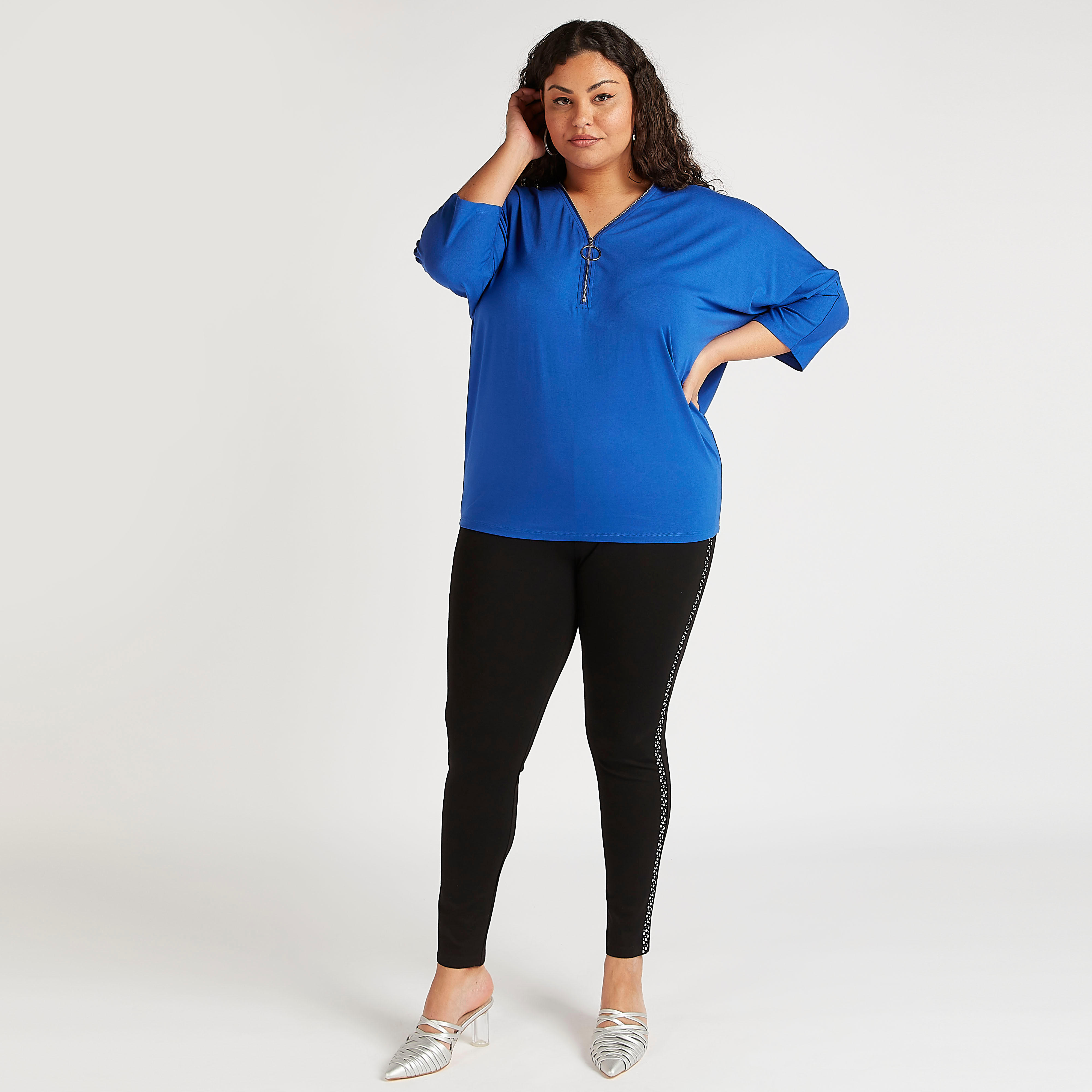 Solid Top with Zipper Detail Neck and 3/4 Sleeves-women-clothing-shirtsandblouses-blouses-image-2