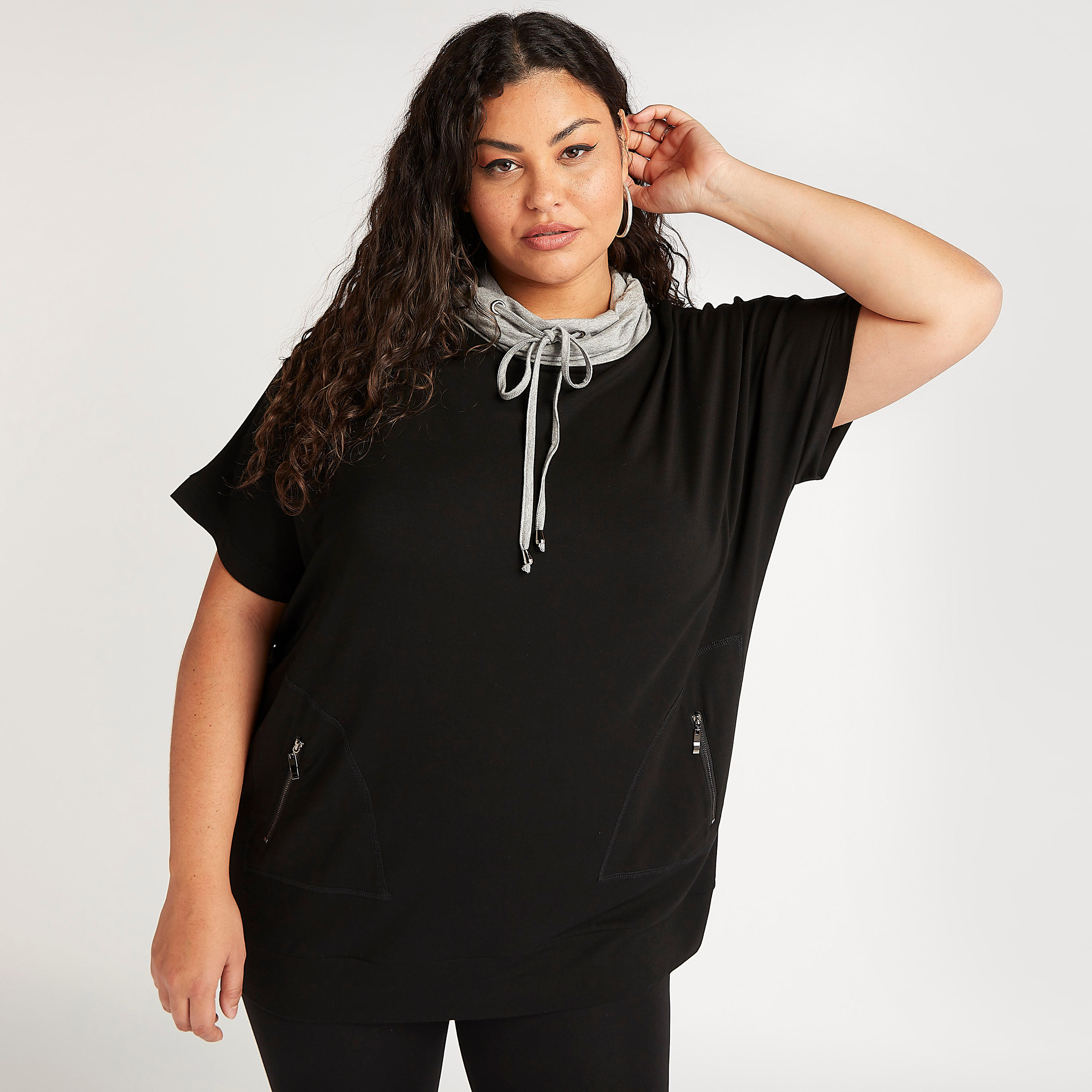 Solid High Neck Sweatshirt with Short Sleeves and Zipper Pockets-women-winterwear-hoodiesandsweatshirts-sweatshirts-image-1