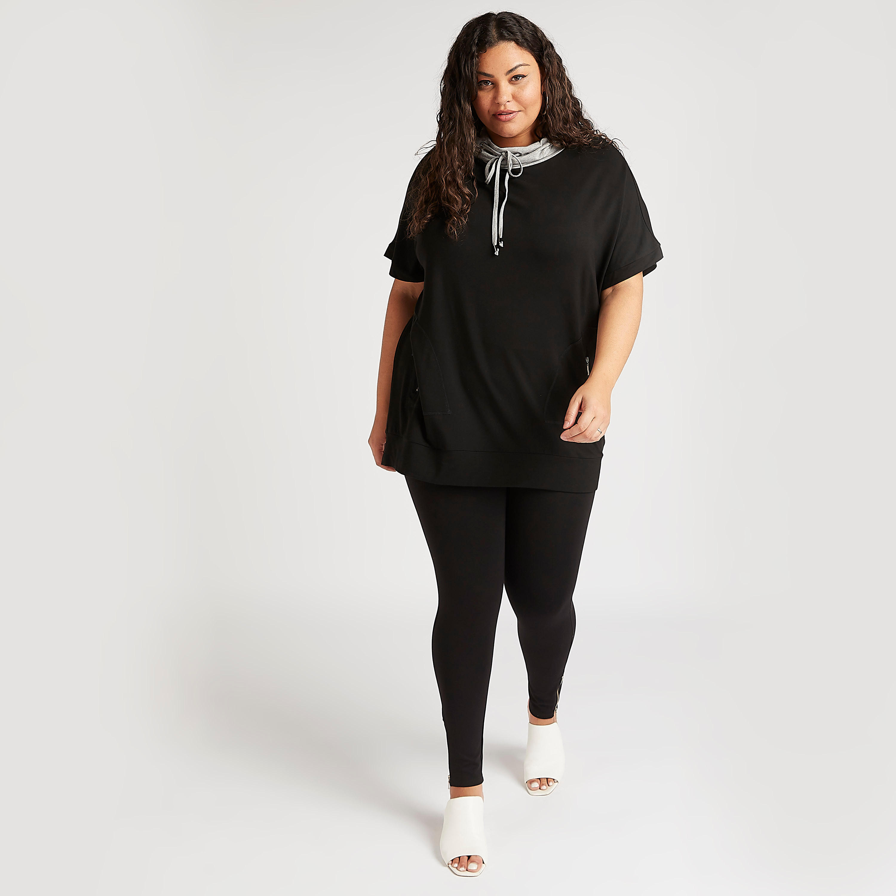 Solid High Neck Sweatshirt with Short Sleeves and Zipper Pockets-women-winterwear-hoodiesandsweatshirts-sweatshirts-image-2
