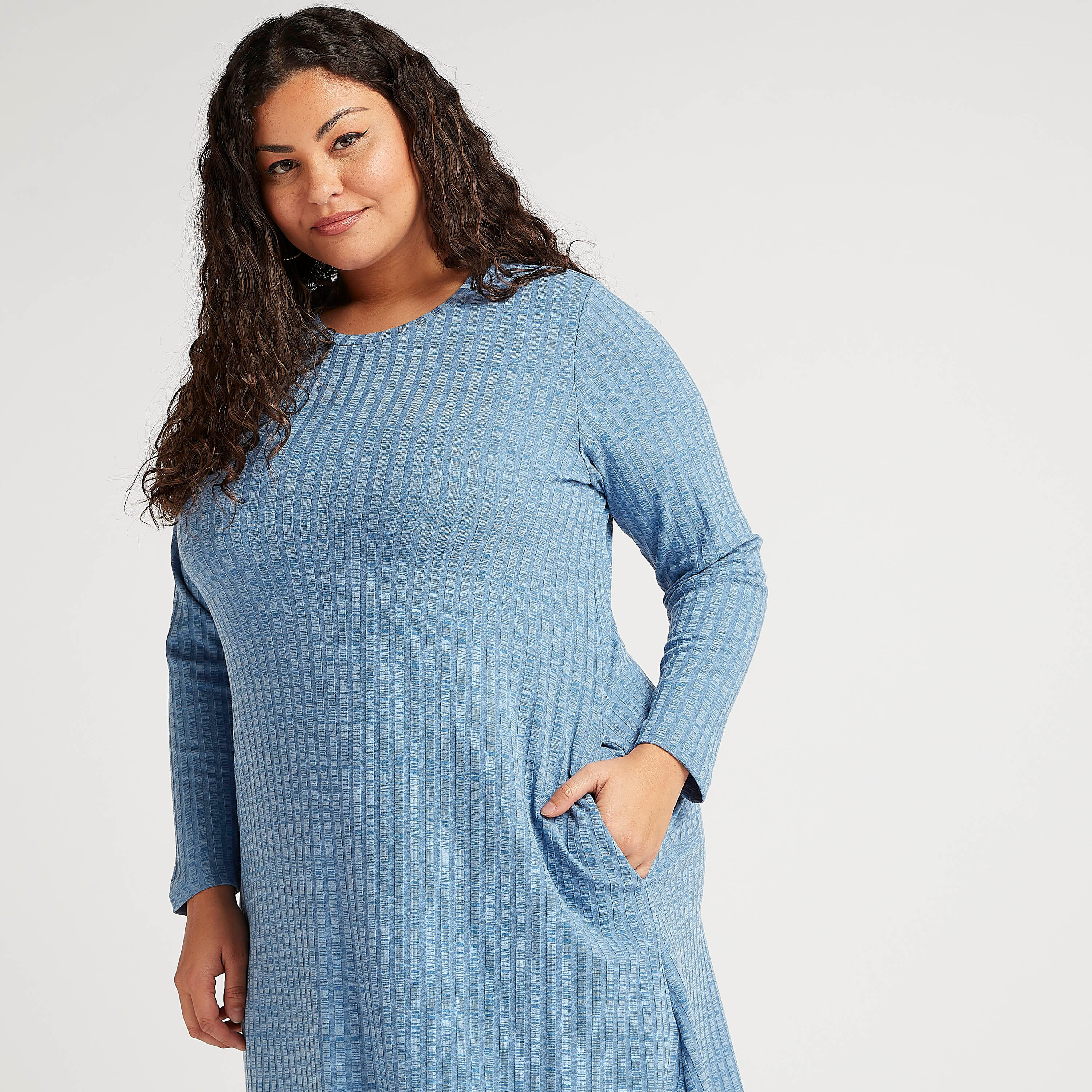 Textured Round Neck Mini Dress with Long Sleeves-women-clothing-dresses-image-3