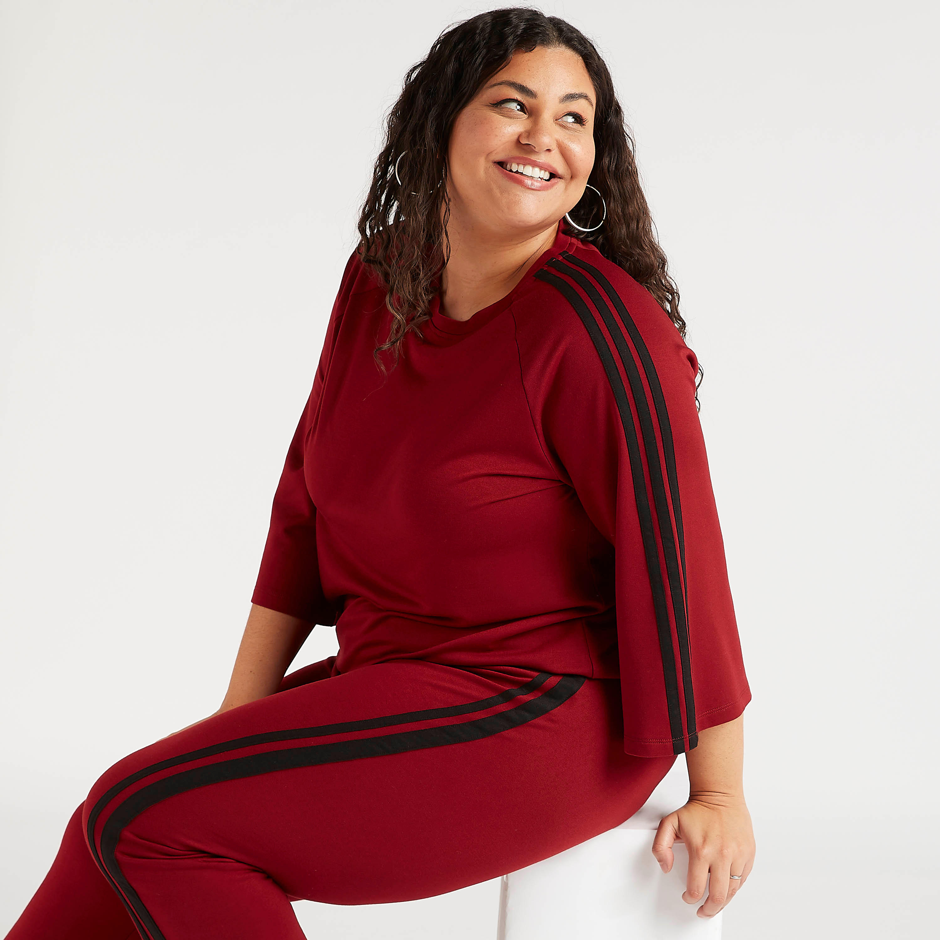 Solid Round Neck Boxy Top with Striped Detail and 3/4 Sleeves-women-clothing-tshirts-image-1
