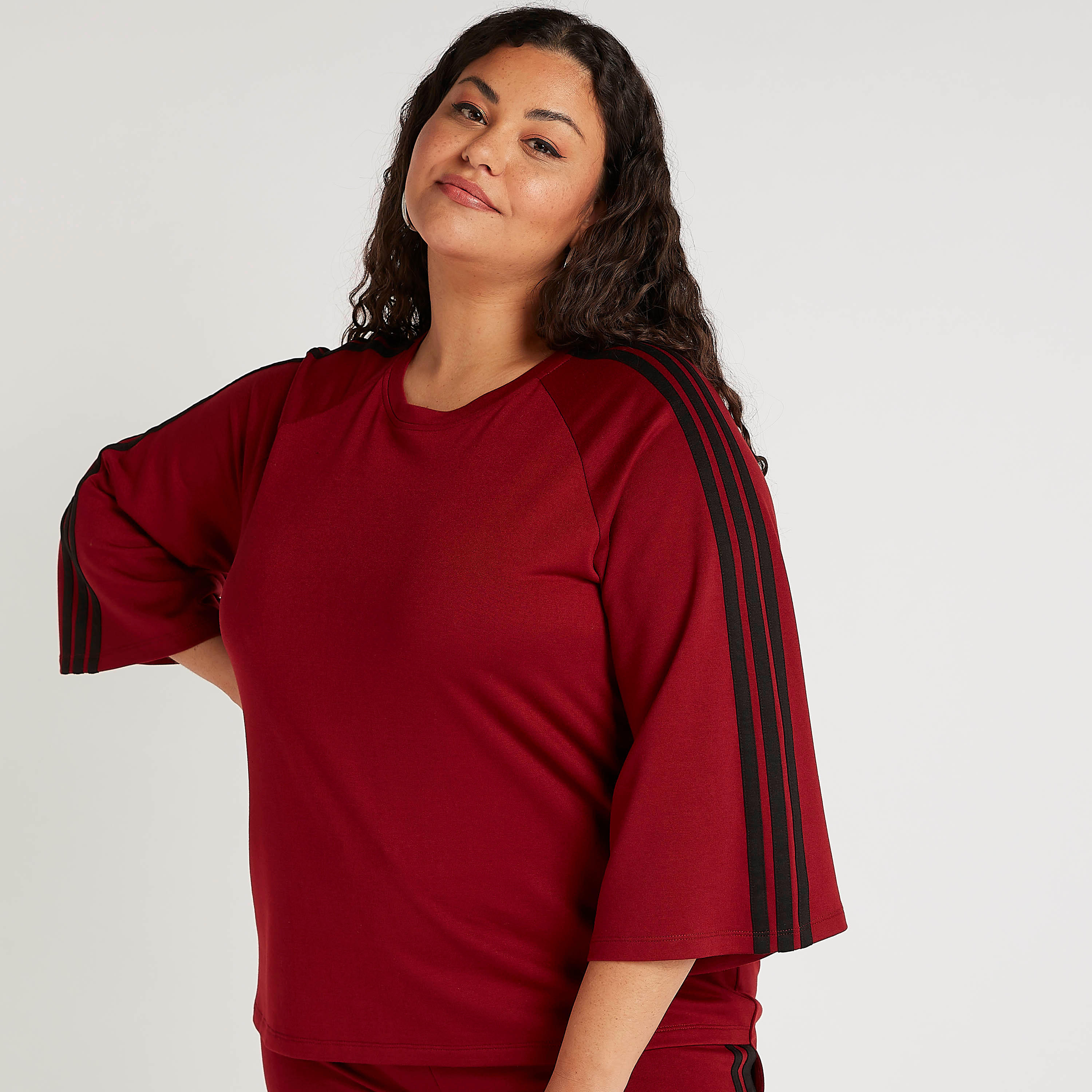 Solid Round Neck Boxy Top with Striped Detail and 3/4 Sleeves-women-clothing-tshirts-image-2