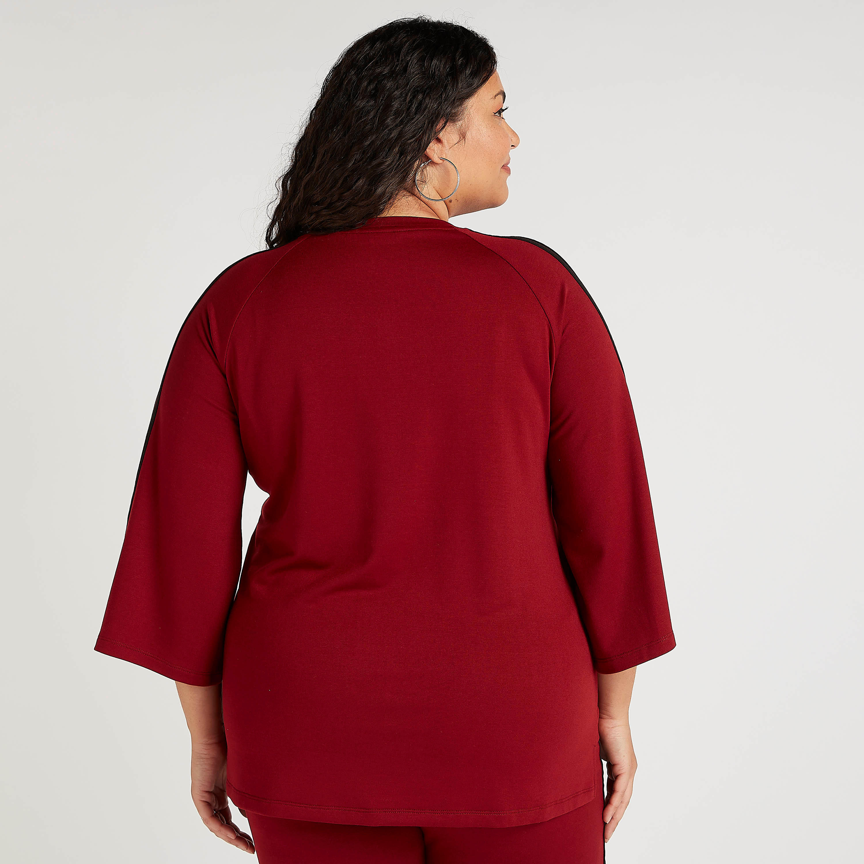 Solid Round Neck Boxy Top with Striped Detail and 3/4 Sleeves-women-clothing-tshirts-image-4