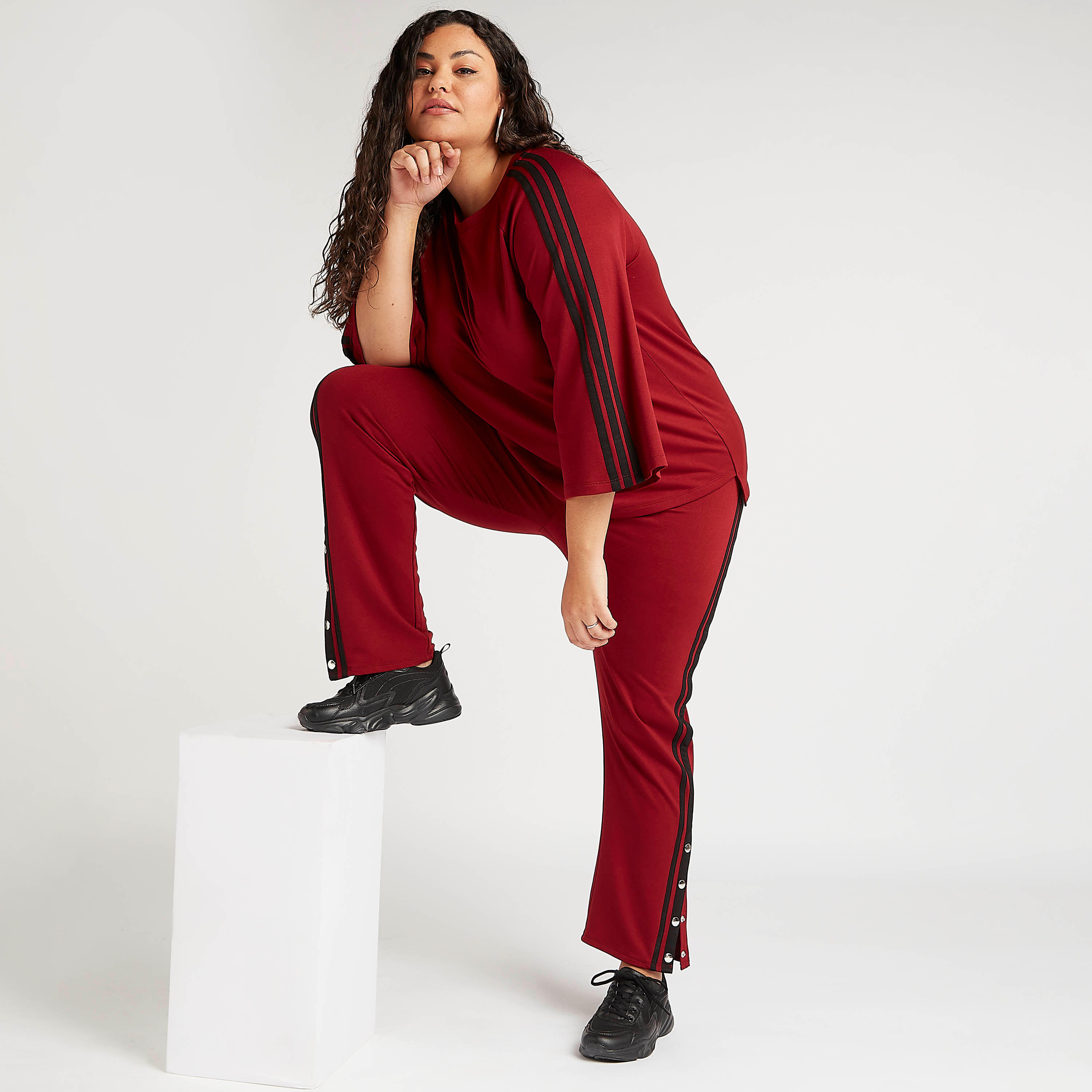Solid Round Neck Boxy Top with Striped Detail and 3/4 Sleeves-women-clothing-tshirts-image-5