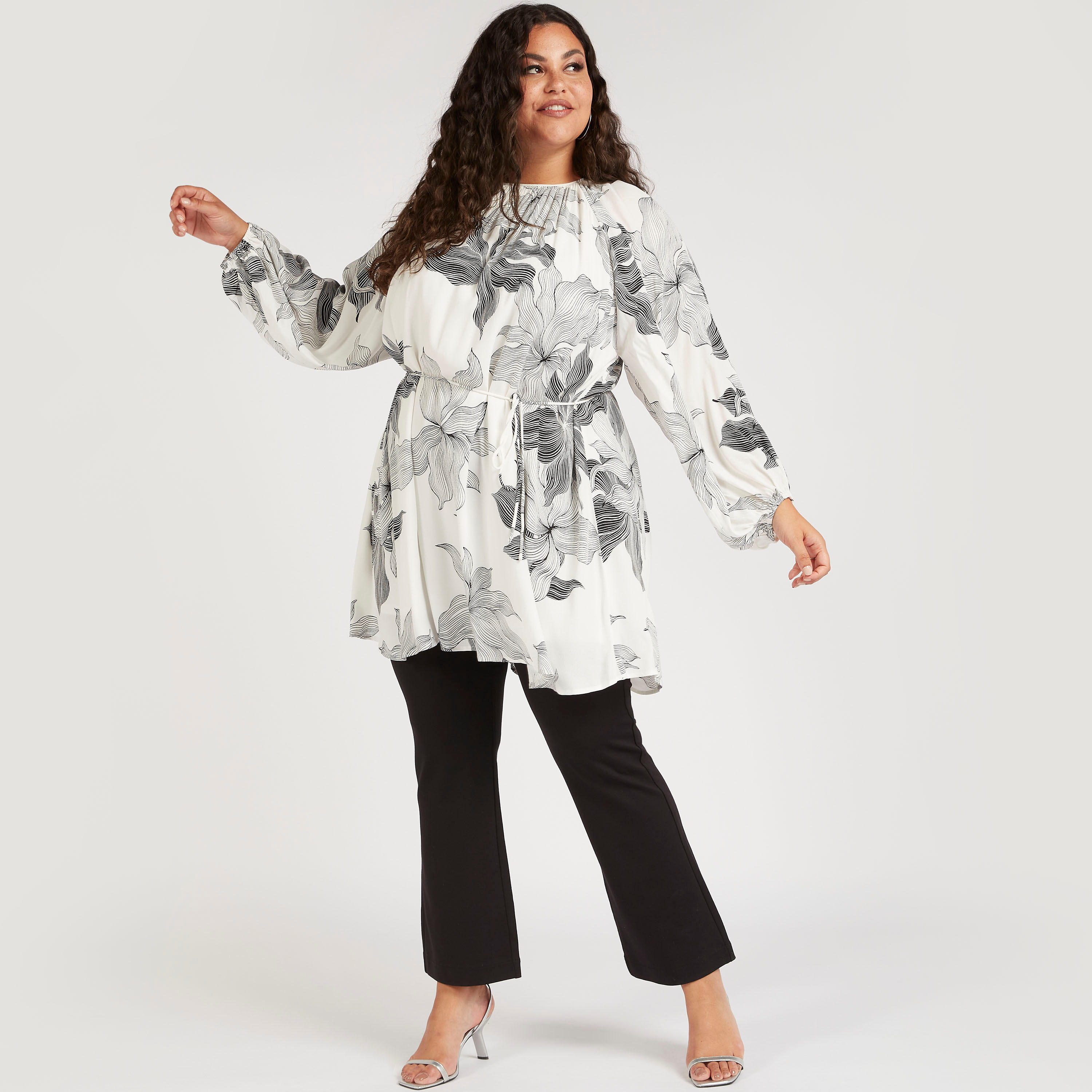 Floral Print Crew Neck Tunic with Long Sleeves-women-clothing-shirtsandblouses-blouses-image-2
