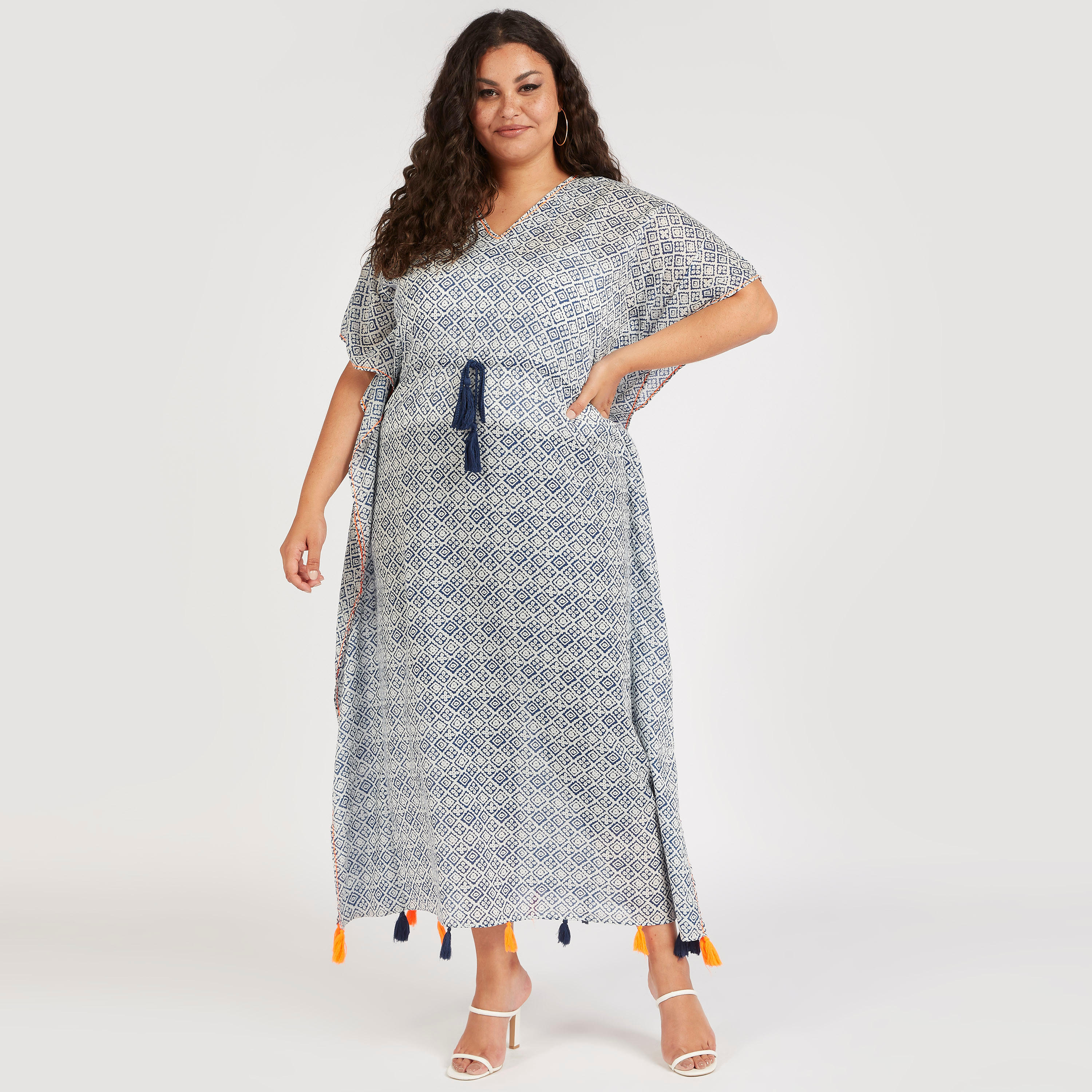 Printed V-neck Tunic with Waist Drawstring and Tassels-women-clothing-dresses-image-1